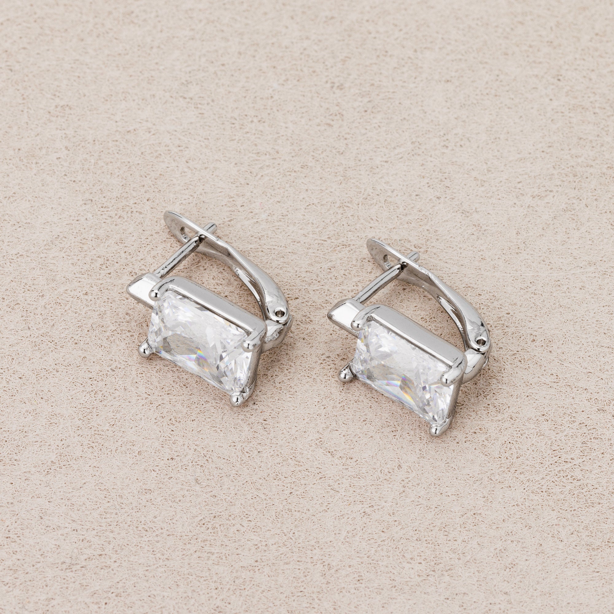 Rhodium Plated Simple Baguette CZ Huggie Hoop Earrings
