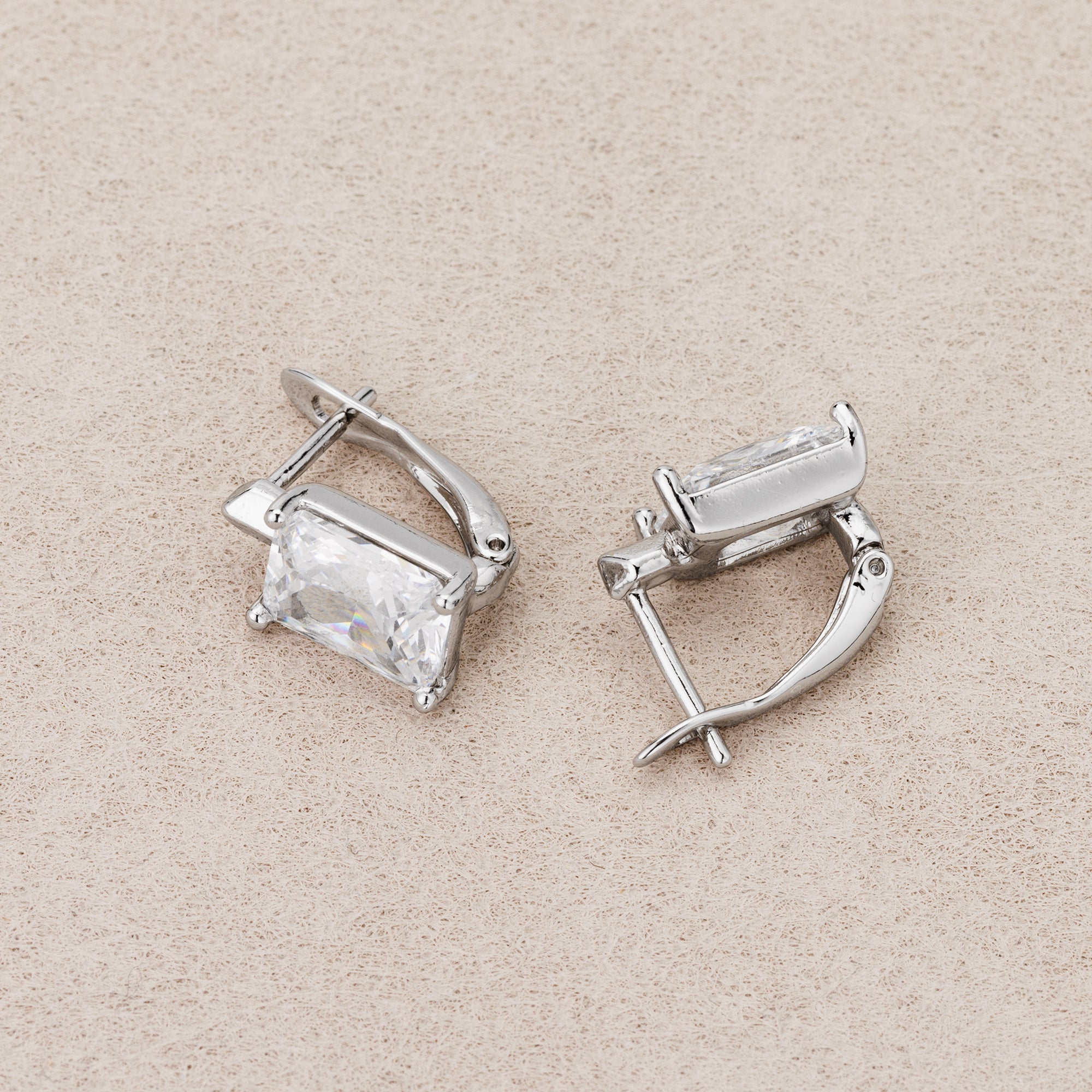 Rhodium Plated Simple Baguette CZ Huggie Hoop Earrings