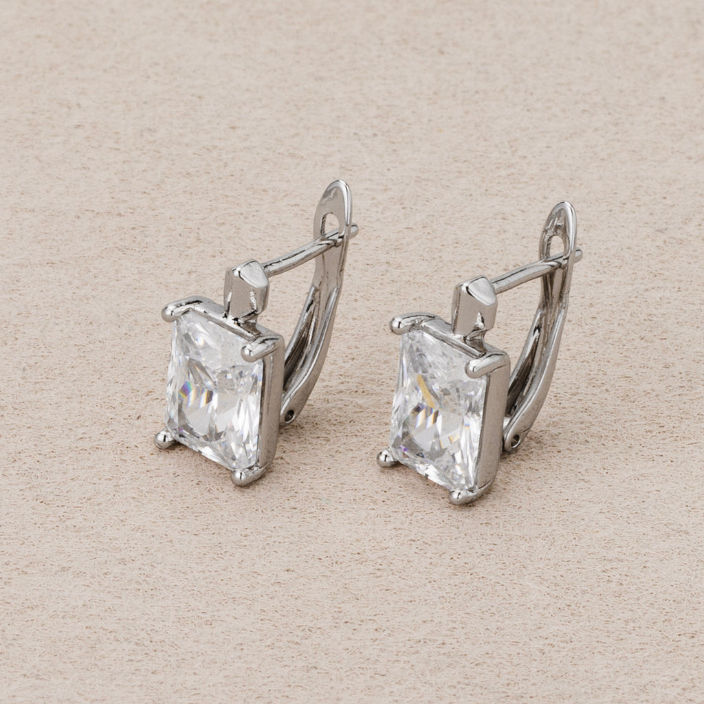 Rhodium Plated Simple Baguette CZ Huggie Hoop Earrings