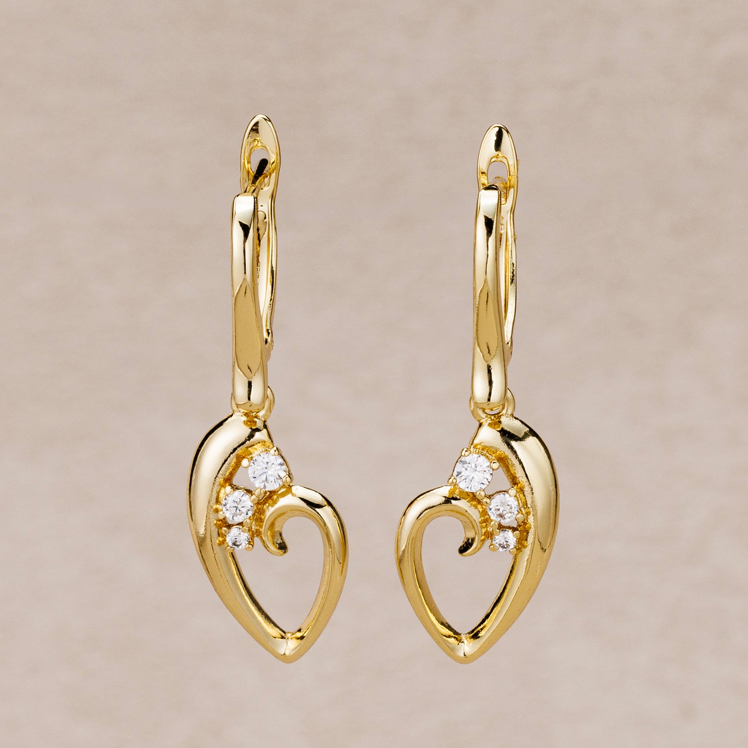 14K Gold Plated Clear CZ Open Heart Dangle Hoop Earrings