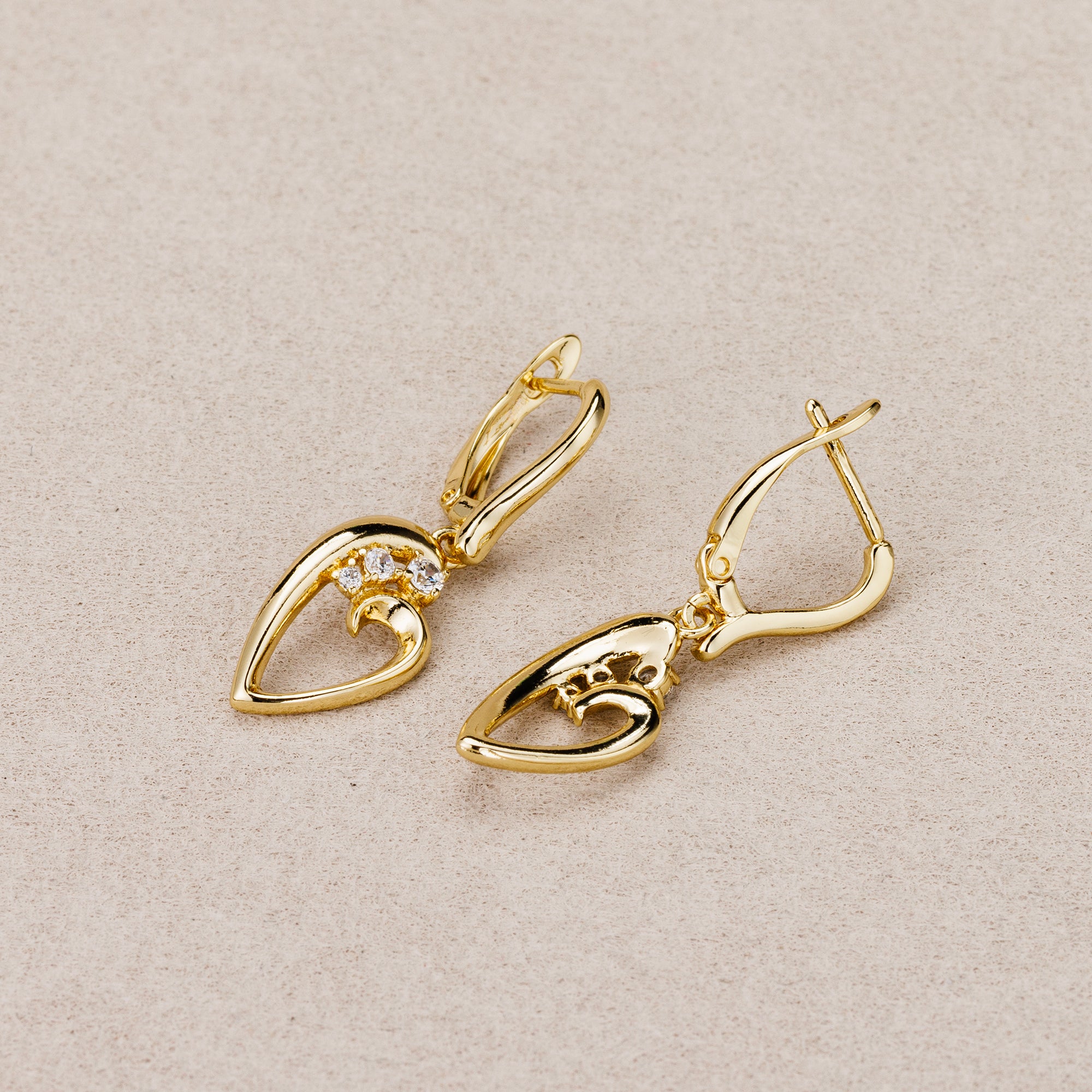 14K Gold Plated Clear CZ Open Heart Dangle Hoop Earrings