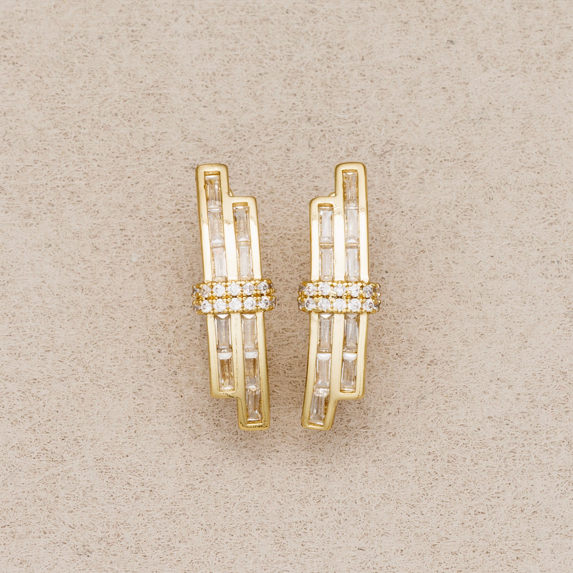 14K Gold Plated Baguette and Round CZ Double Bar Hoop Earrings