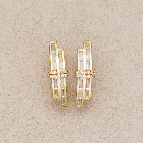 14K Gold Plated Baguette and Round CZ Double Bar Hoop Earrings