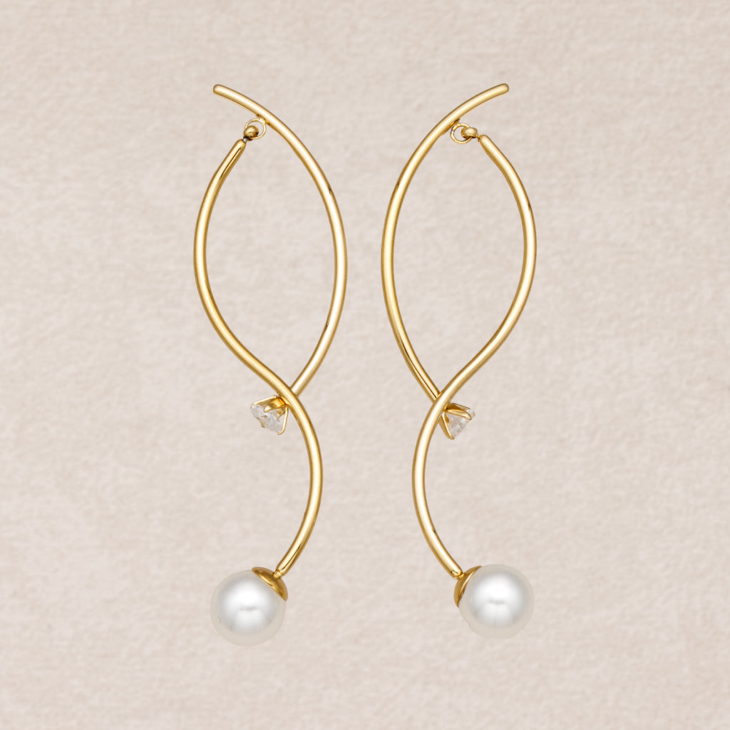 Gold PVD Stainless Steel Shell Pearl Clear CZ Modern Abstract S-Curve Stud Earrings