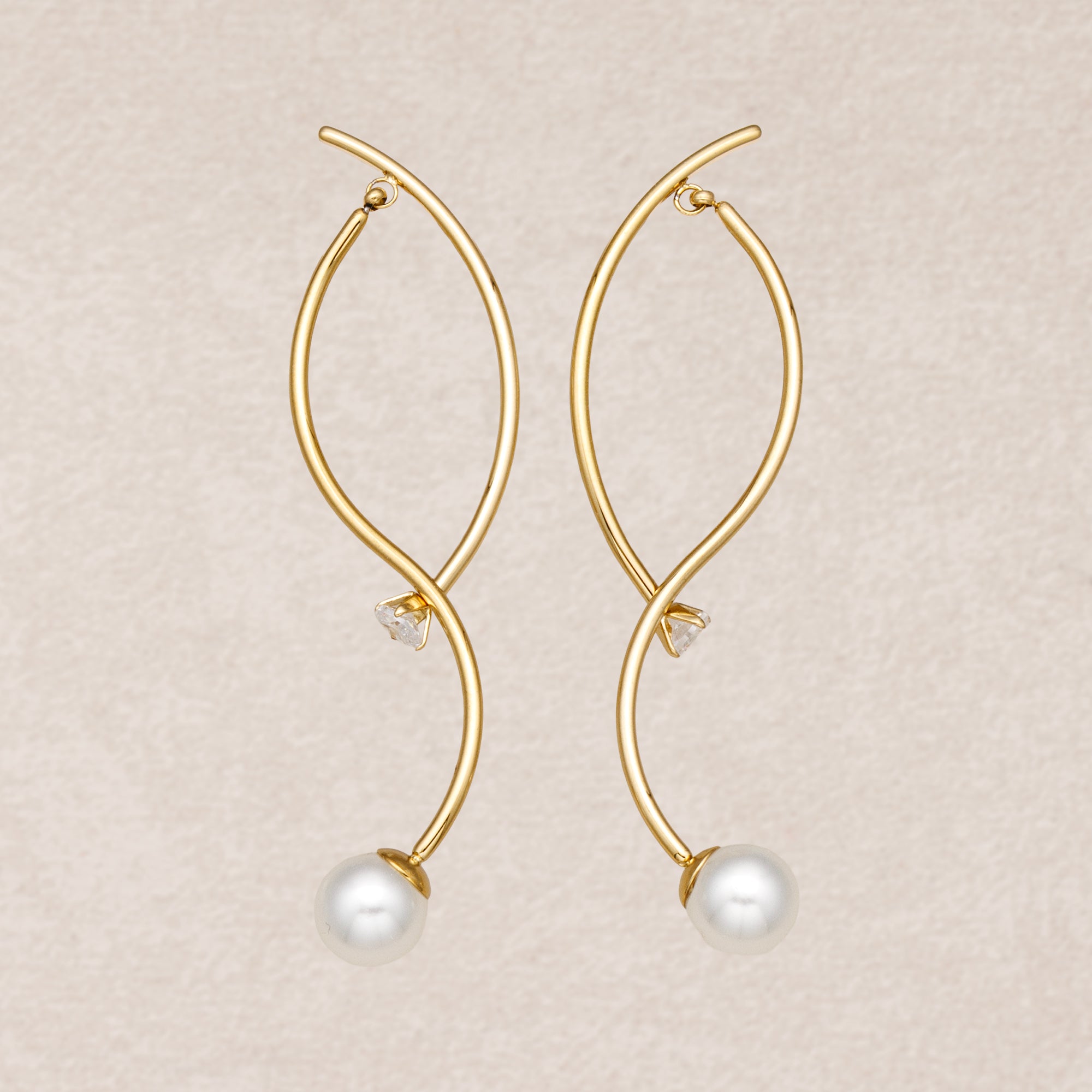 Gold PVD Stainless Steel Shell Pearl Clear CZ Modern Abstract S-Curve Stud Earrings