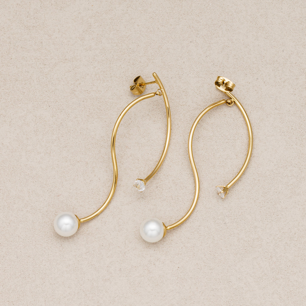 Gold PVD Stainless Steel Shell Pearl Clear CZ Modern Abstract S-Curve Stud Earrings