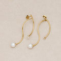 Gold PVD Stainless Steel Shell Pearl Clear CZ Modern Abstract S-Curve Stud Earrings