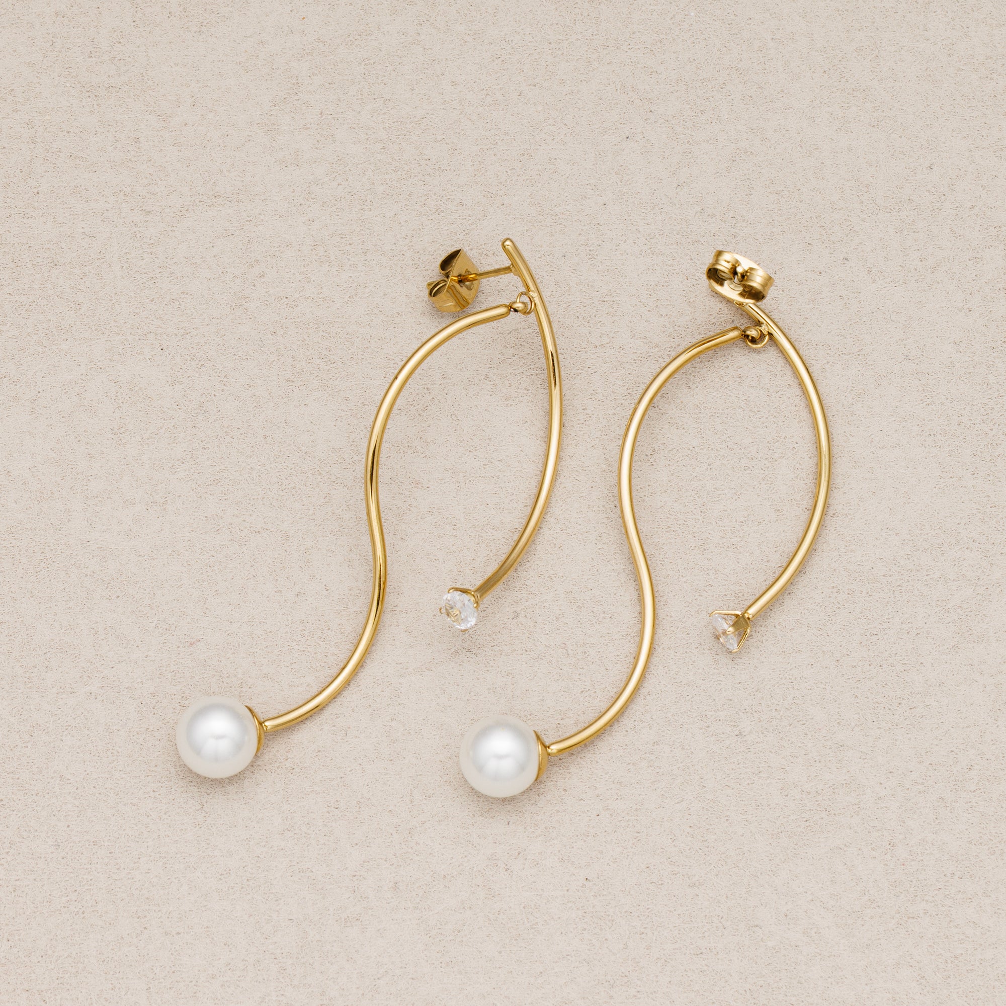 Gold PVD Stainless Steel Shell Pearl Clear CZ Modern Abstract S-Curve Stud Earrings