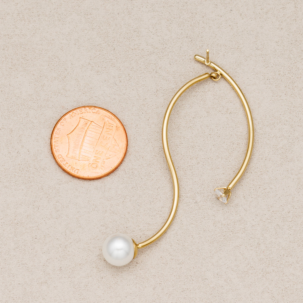 Gold PVD Stainless Steel Shell Pearl Clear CZ Modern Abstract S-Curve Stud Earrings