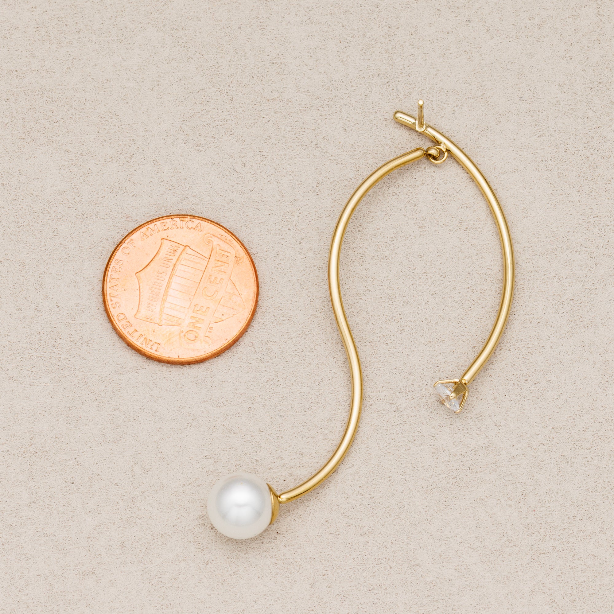 Gold PVD Stainless Steel Shell Pearl Clear CZ Modern Abstract S-Curve Stud Earrings