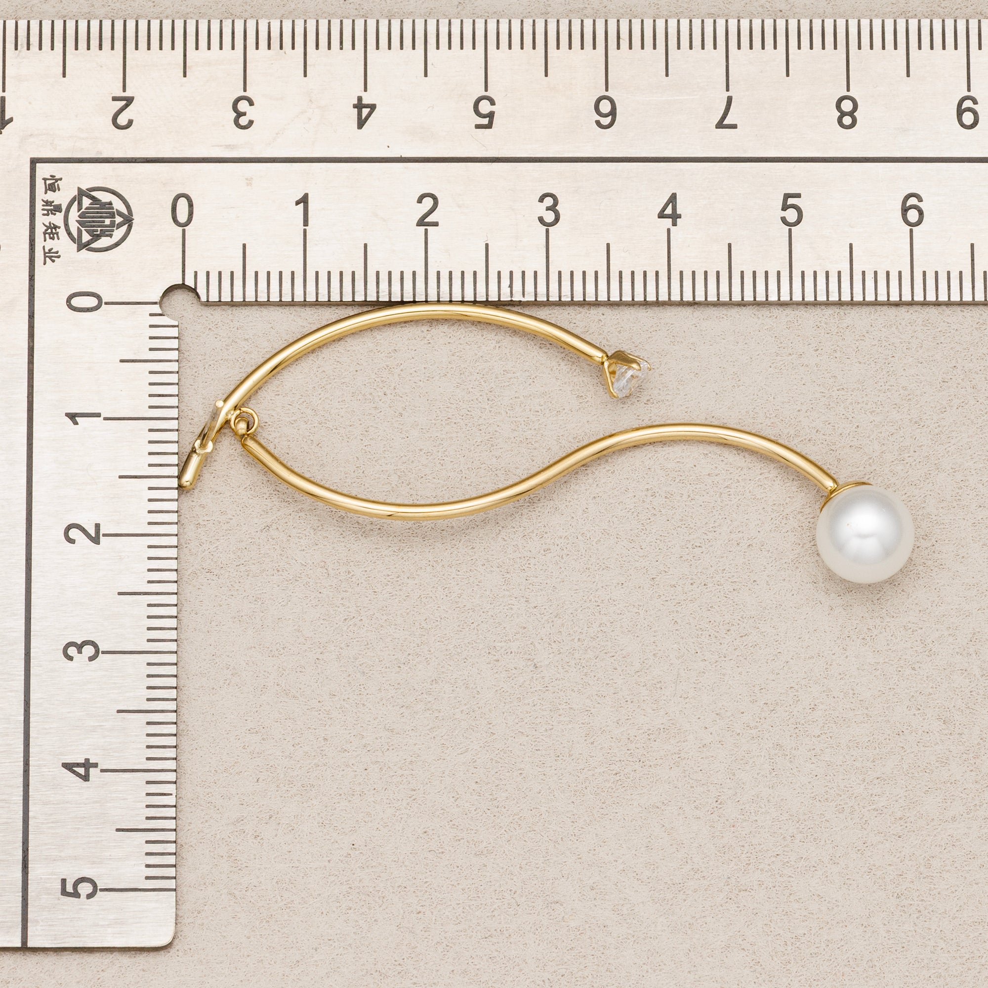 Gold PVD Stainless Steel Shell Pearl Clear CZ Modern Abstract S-Curve Stud Earrings