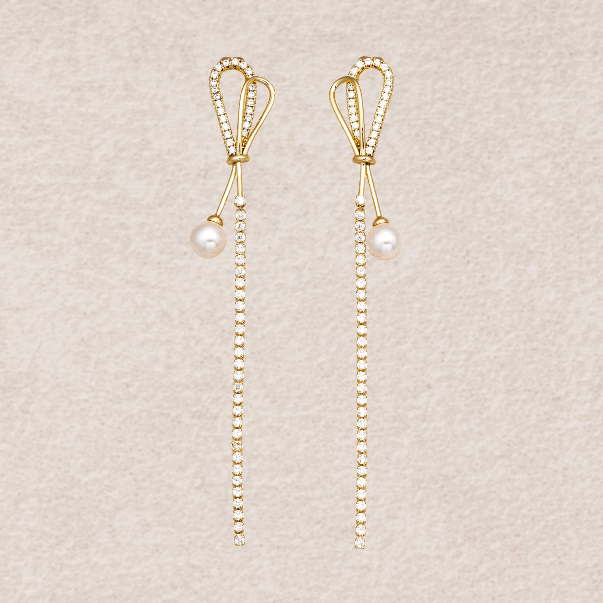 14K Gold Plated Shell Pearl Micro Paved CZ Bowknot Long Tassel Stud Earrings
