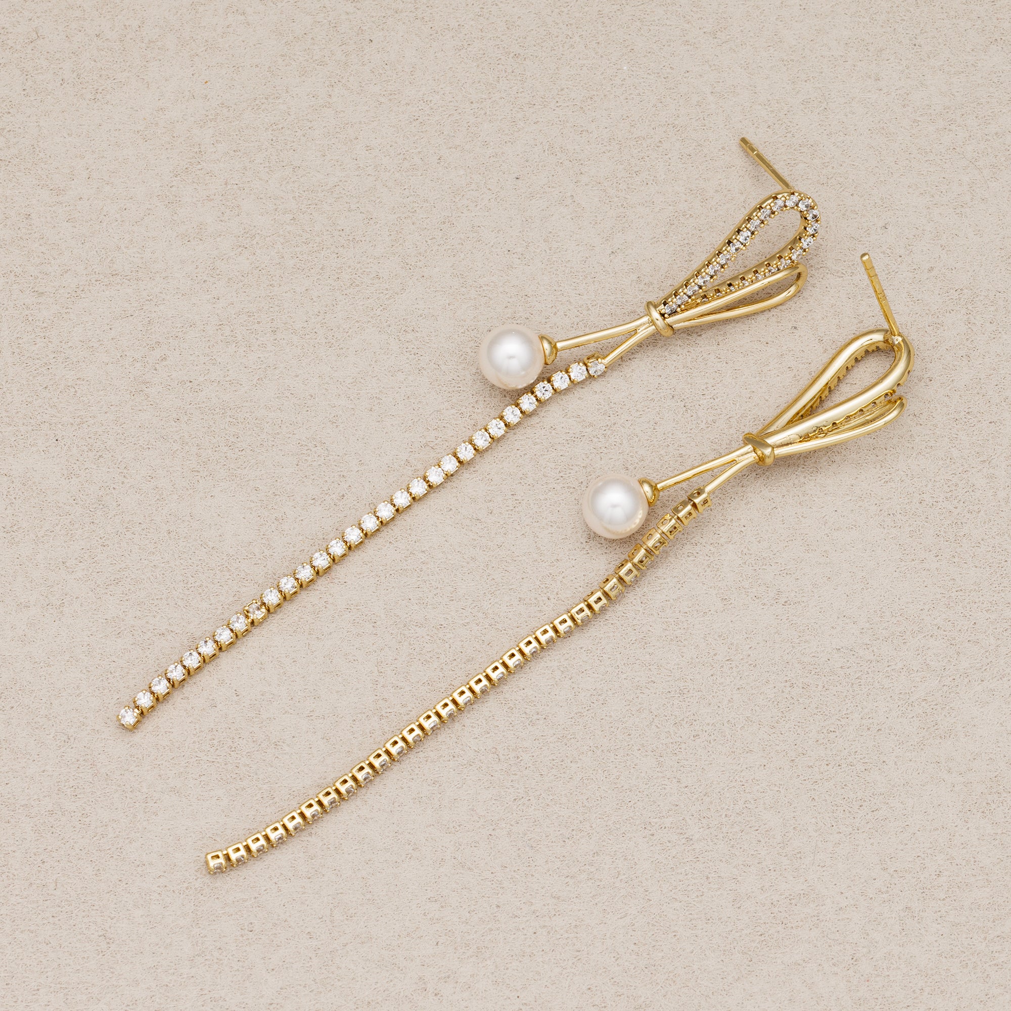 14K Gold Plated Shell Pearl Micro Paved CZ Bowknot Long Tassel Stud Earrings