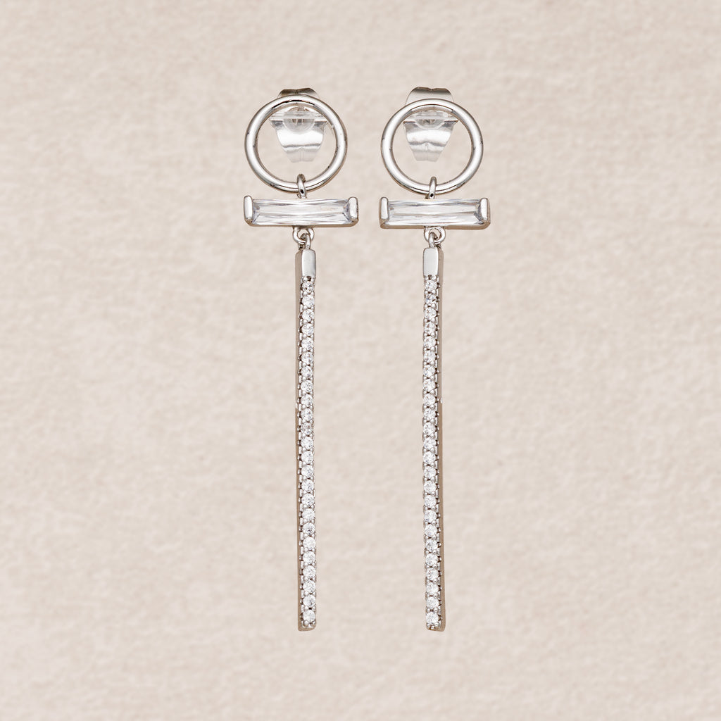 Rhodium Plated Micro Paved CZ Geometric Long Bar Drop Stud Earrings