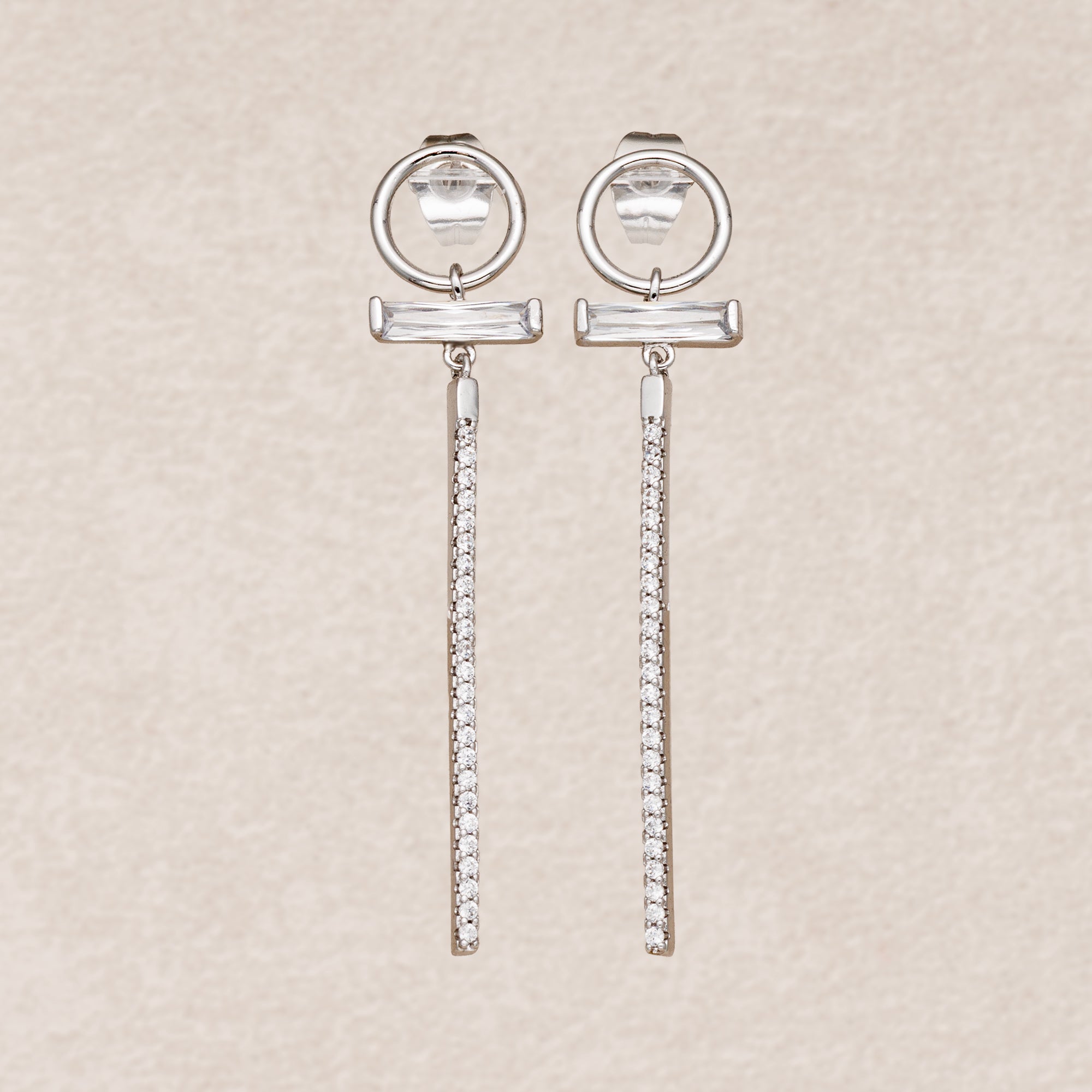 Rhodium Plated Micro Paved CZ Geometric Long Bar Drop Stud Earrings