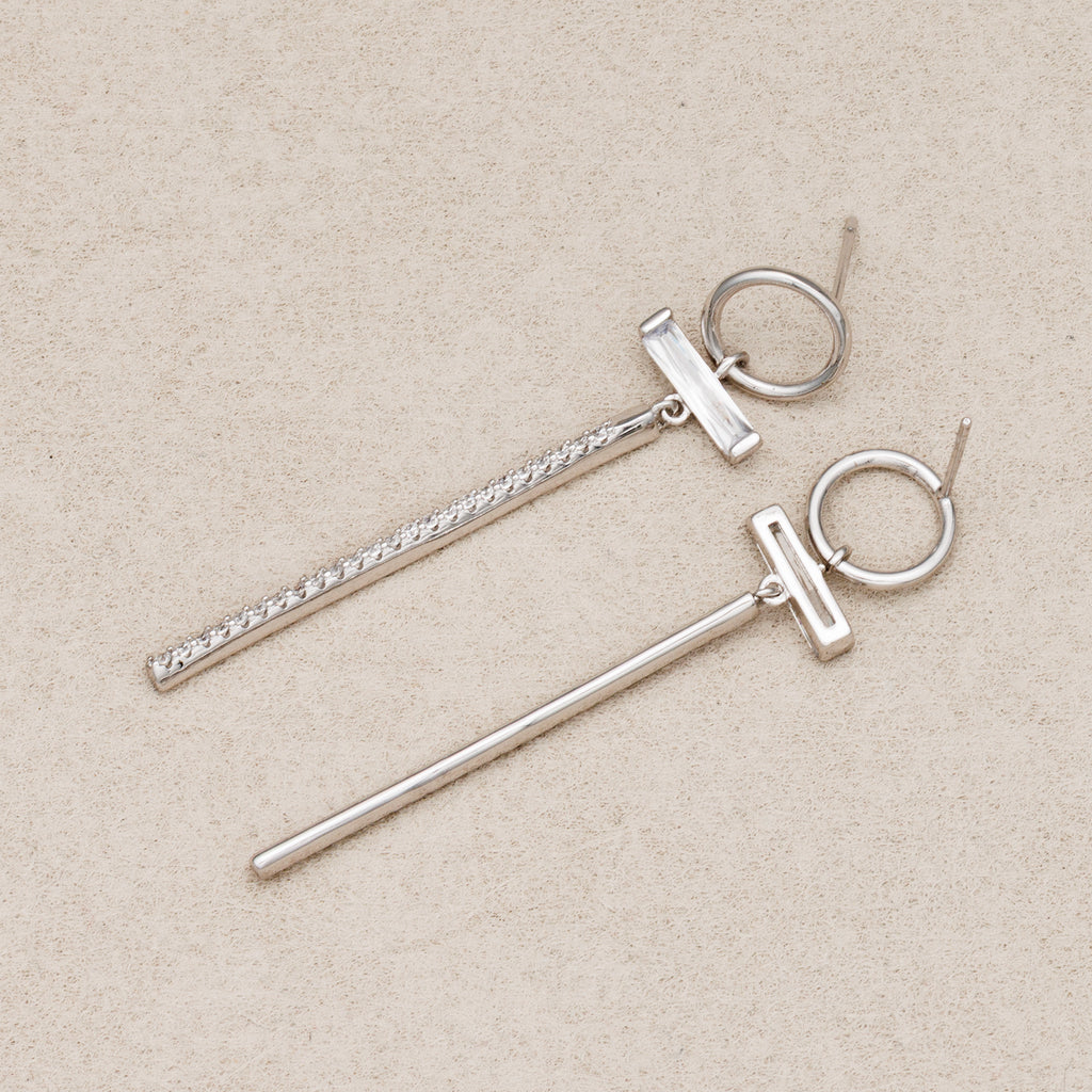 Rhodium Plated Micro Paved CZ Geometric Long Bar Drop Stud Earrings