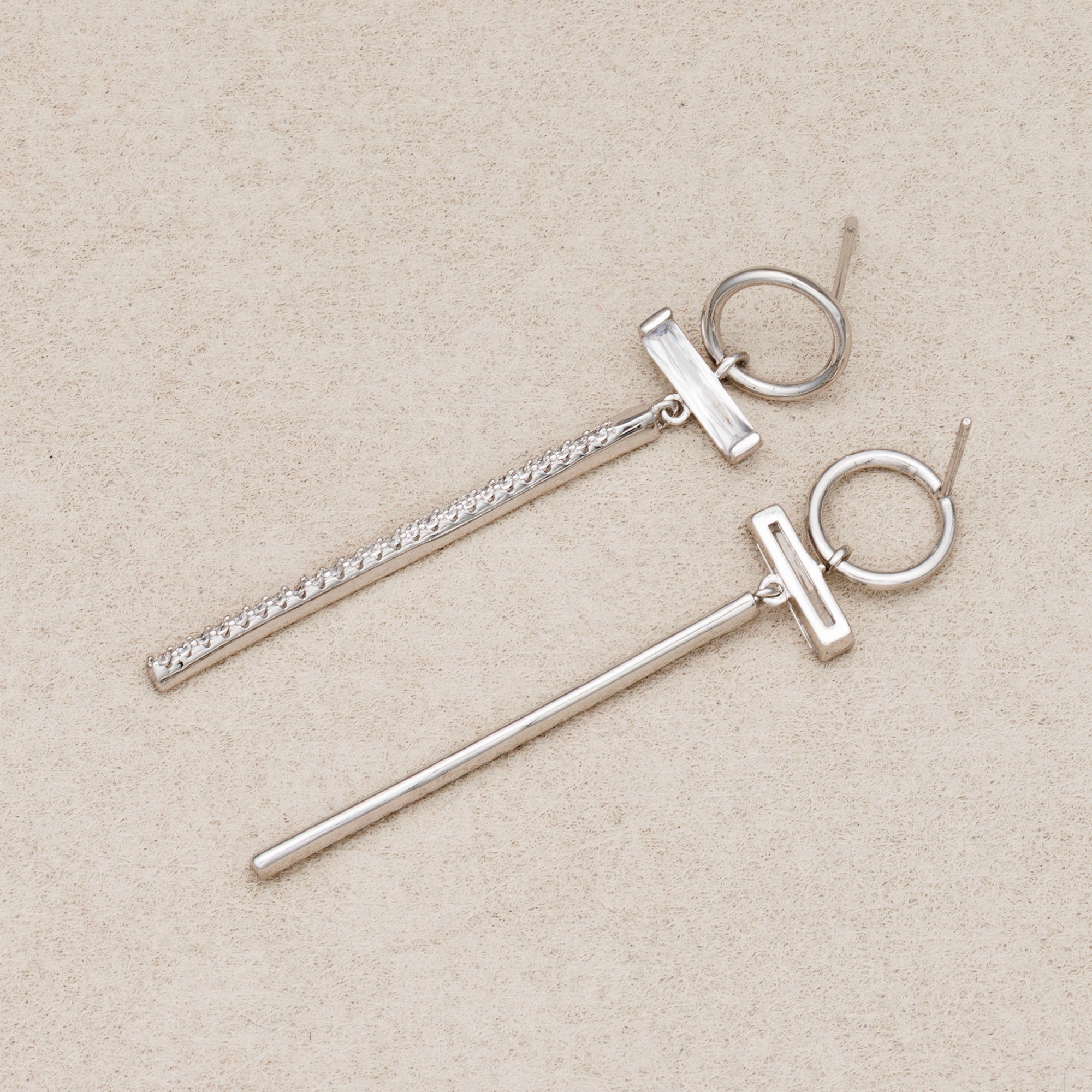 Rhodium Plated Micro Paved CZ Geometric Long Bar Drop Stud Earrings
