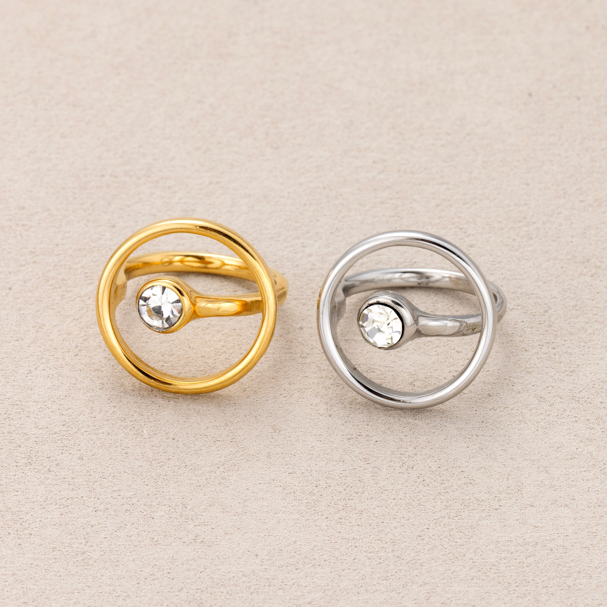 Gold PVD Stainless Steel Solitaire Bezel CZ Geometric Open Circle Ring
