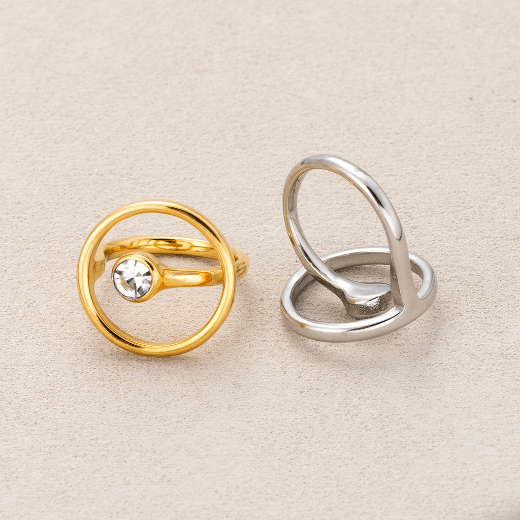 Gold PVD Stainless Steel Solitaire Bezel CZ Geometric Open Circle Ring