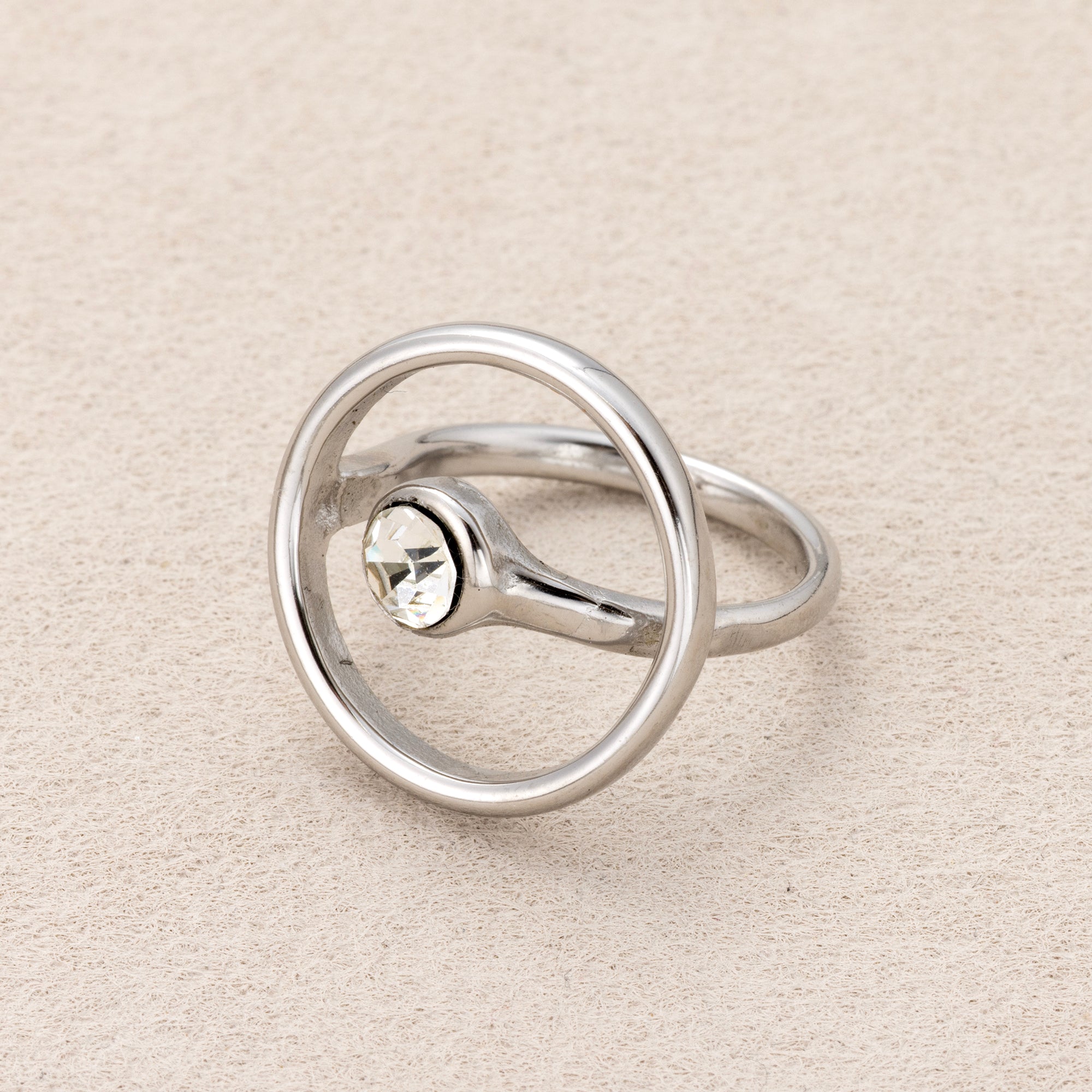Gold PVD Stainless Steel Solitaire Bezel CZ Geometric Open Circle Ring