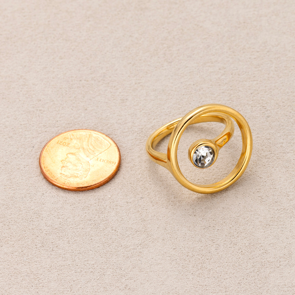 Gold PVD Stainless Steel Solitaire Bezel CZ Geometric Open Circle Ring