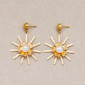 Gold PVD Stainless Steel Shell Pearl Sunburst Flower Stud Earrings