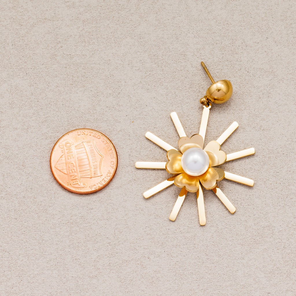 Gold PVD Stainless Steel Shell Pearl Sunburst Flower Stud Earrings