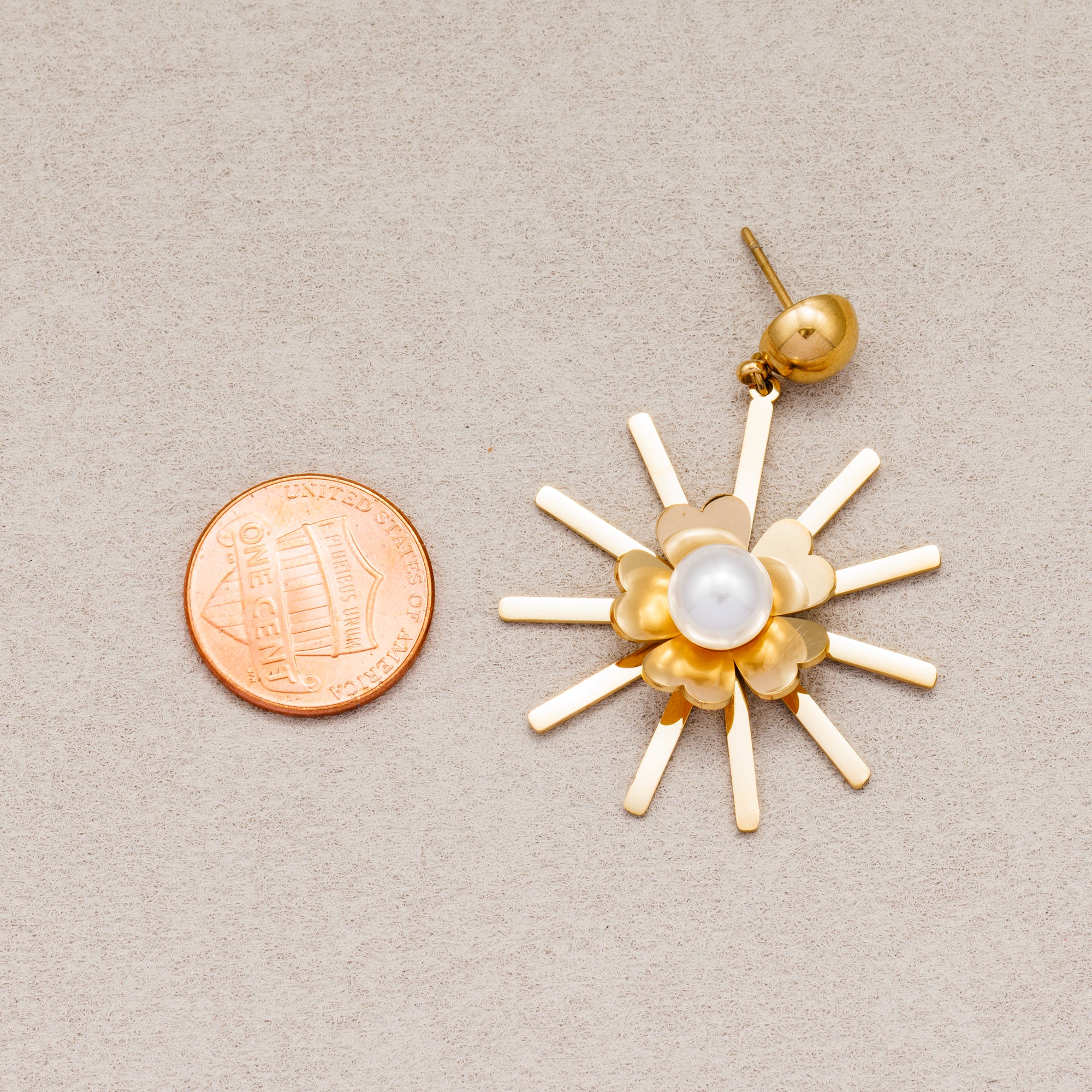 Gold PVD Stainless Steel Shell Pearl Sunburst Flower Stud Earrings
