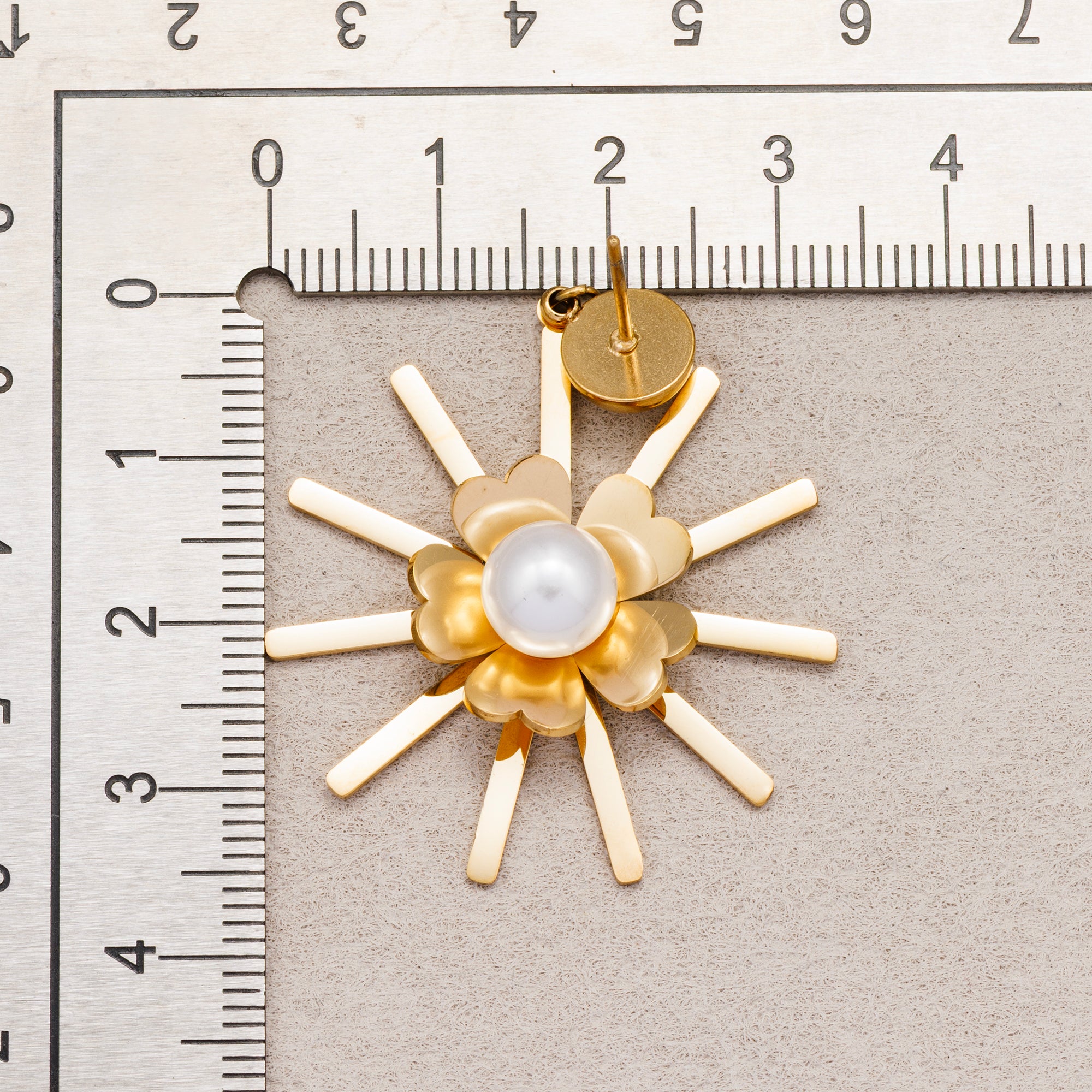 Gold PVD Stainless Steel Shell Pearl Sunburst Flower Stud Earrings
