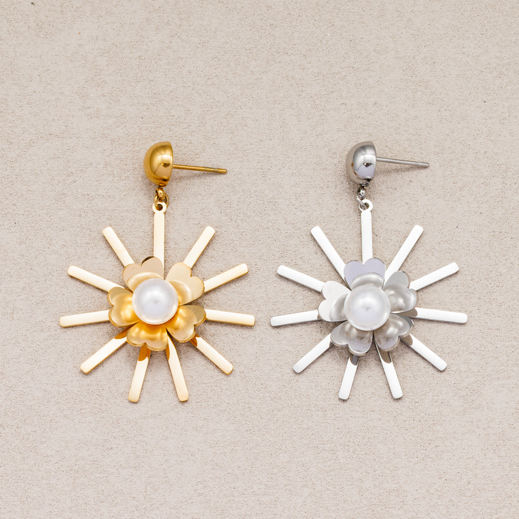 Gold PVD Stainless Steel Shell Pearl Sunburst Flower Stud Earrings