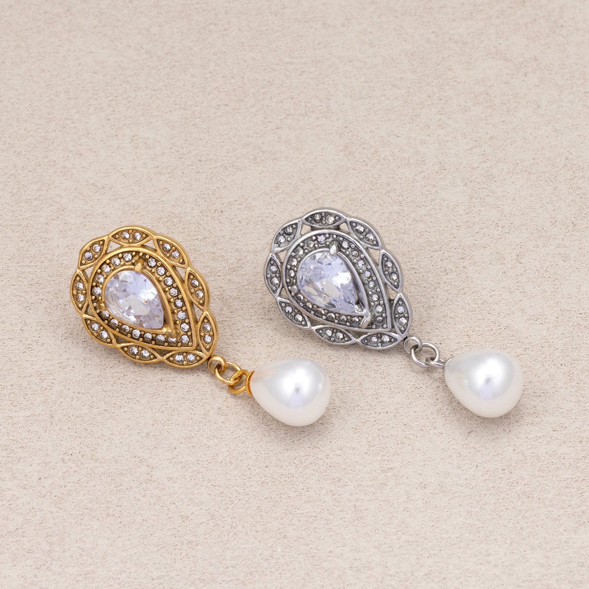 Gold PVD Stainless Steel Shell Pearl Vintage Teardrop Stud Earrings