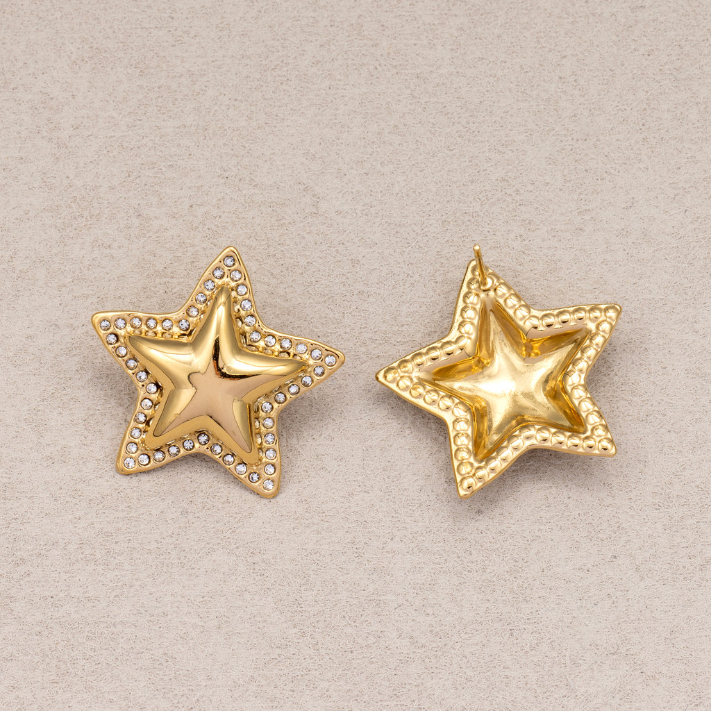 Gold PVD Stainless Steel Micro Paved CZ Puffy Celestial Star Stud Earrings