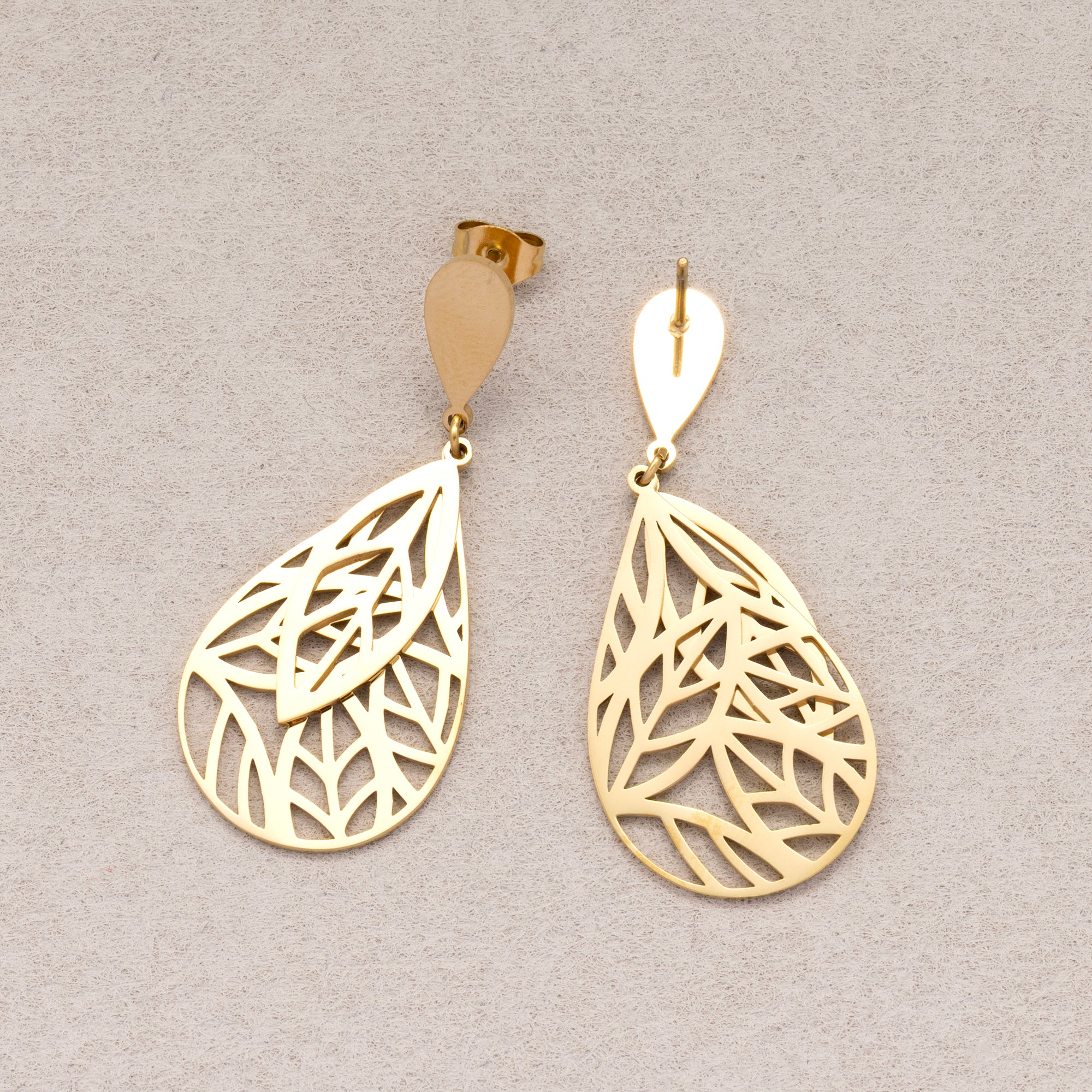 Gold PVD Stainless Steel Plain Flat Teardrop Stud Earrings