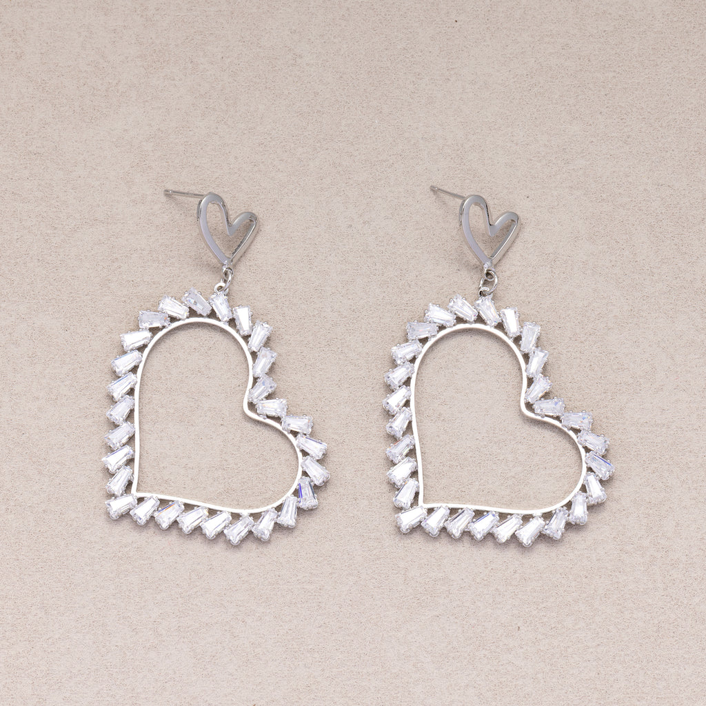 Rhodium Plated Micro Paved CZ Open Baguette Love Heart Stud Earrings