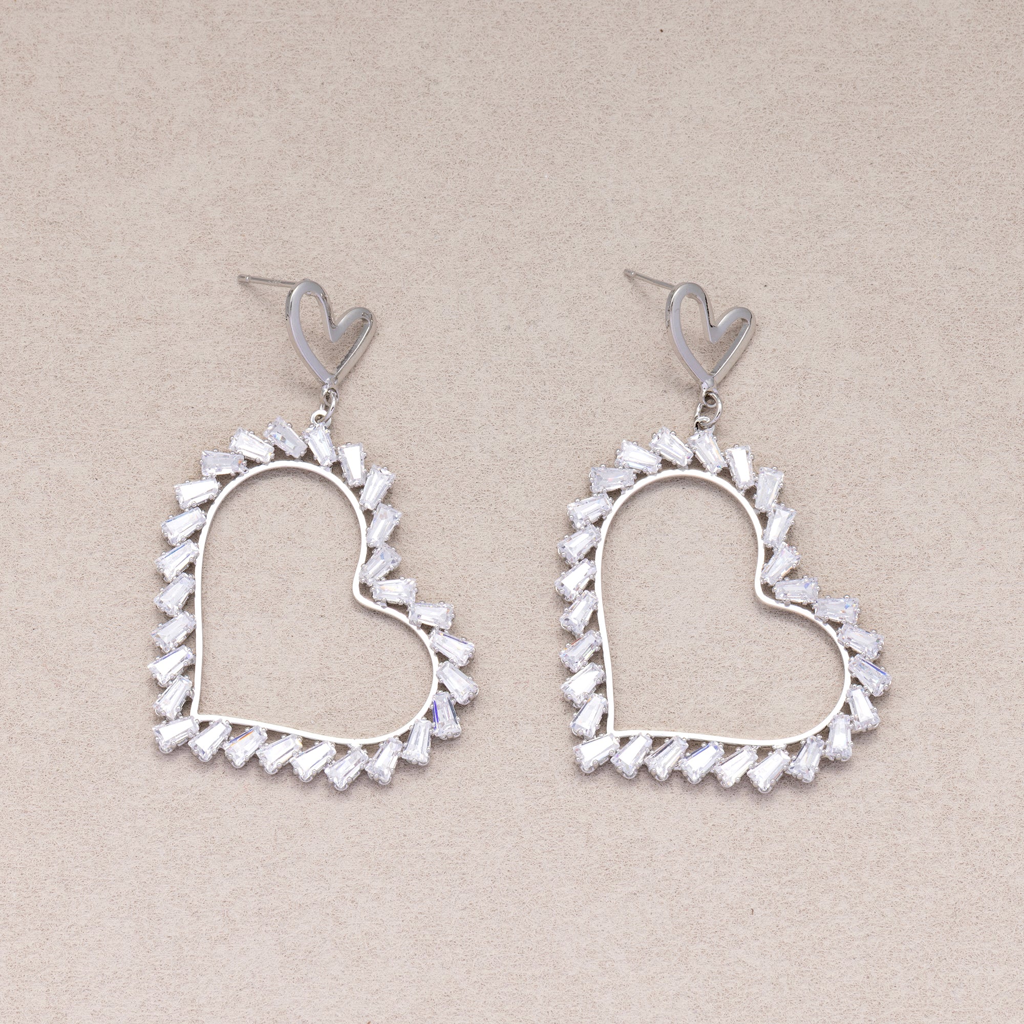 Rhodium Plated Micro Paved CZ Open Baguette Love Heart Stud Earrings
