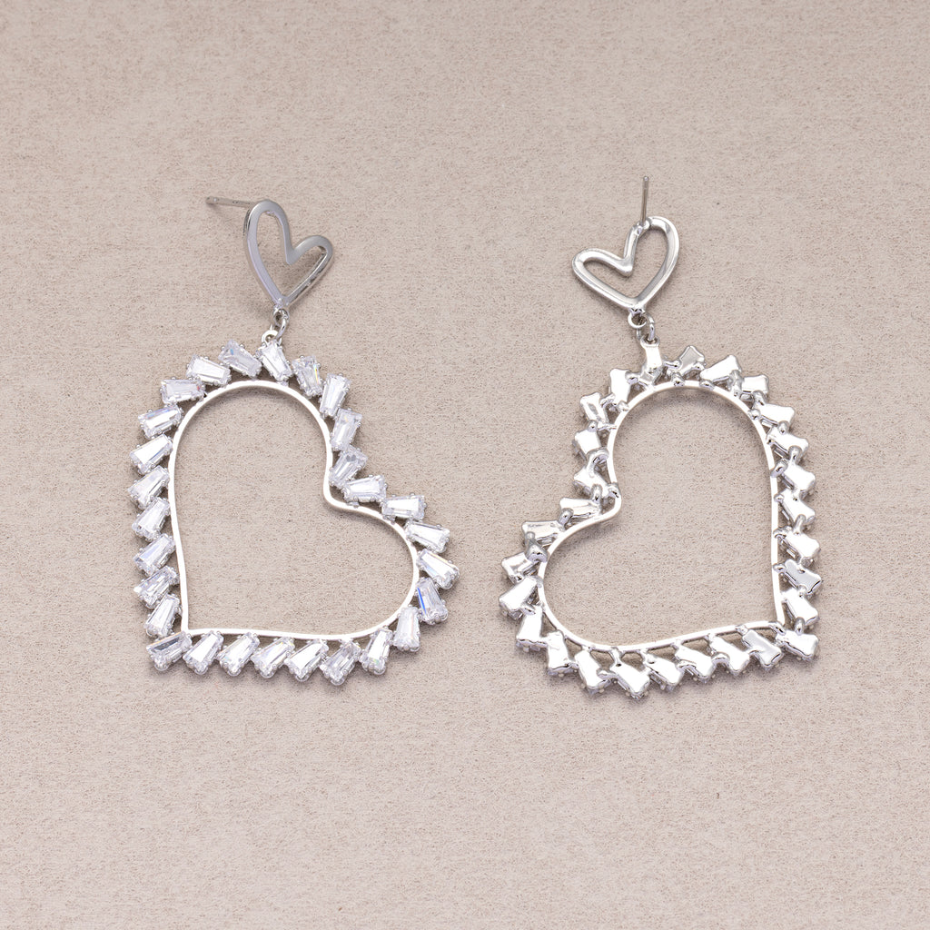 Rhodium Plated Micro Paved CZ Open Baguette Love Heart Stud Earrings