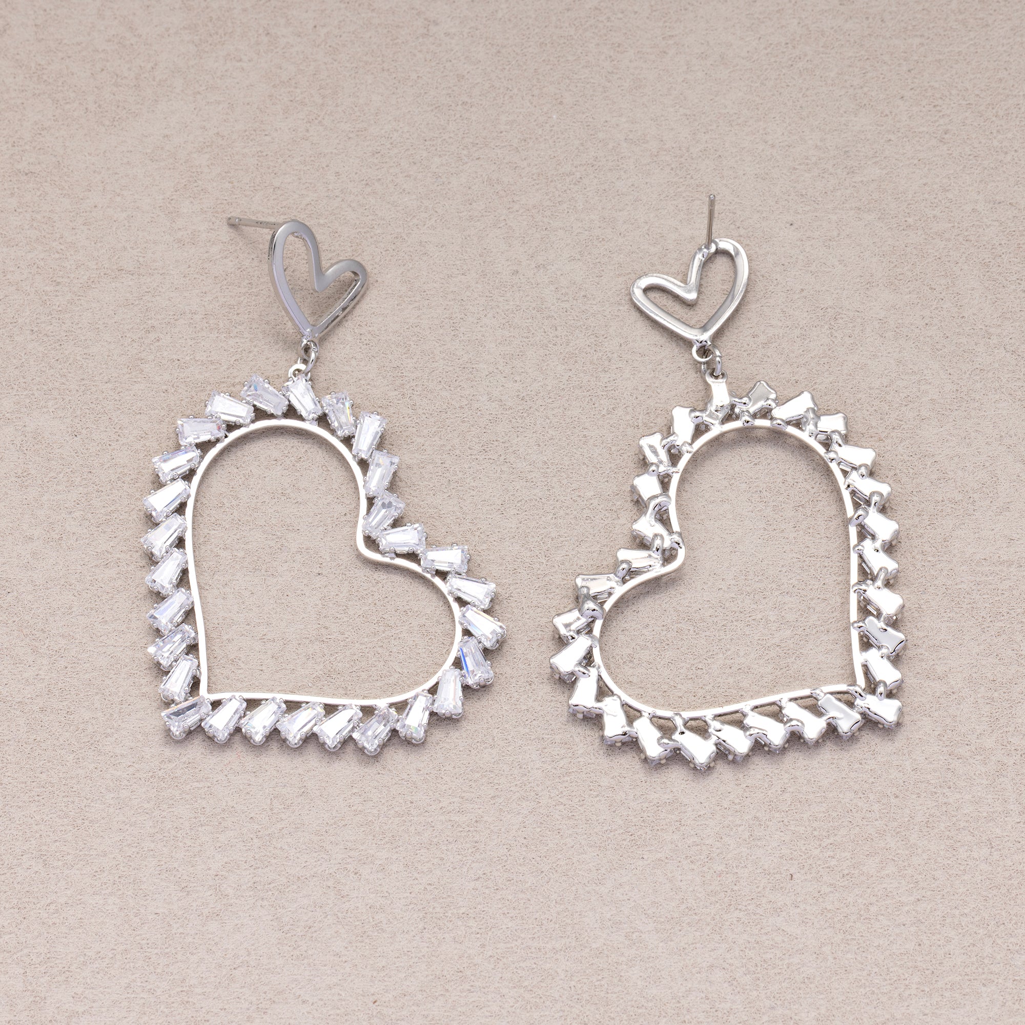 Rhodium Plated Micro Paved CZ Open Baguette Love Heart Stud Earrings