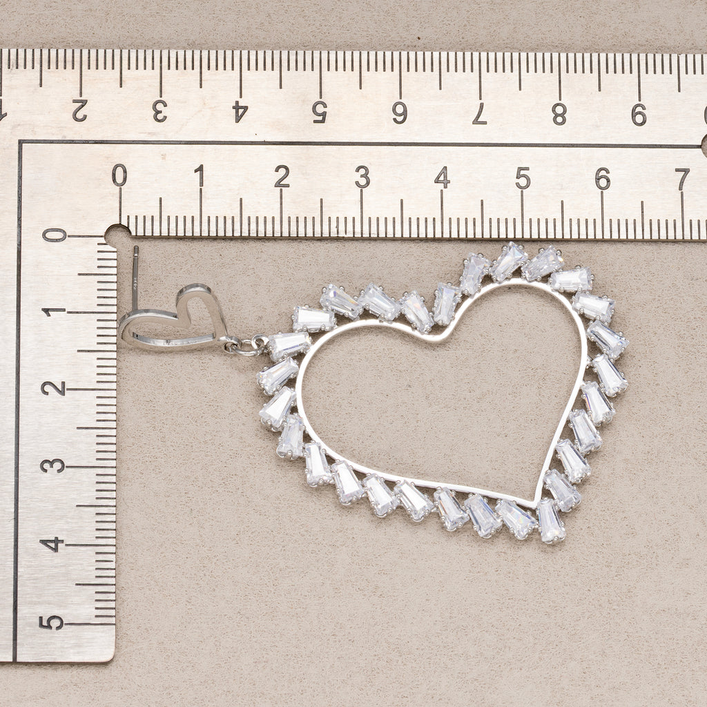 Rhodium Plated Micro Paved CZ Open Baguette Love Heart Stud Earrings