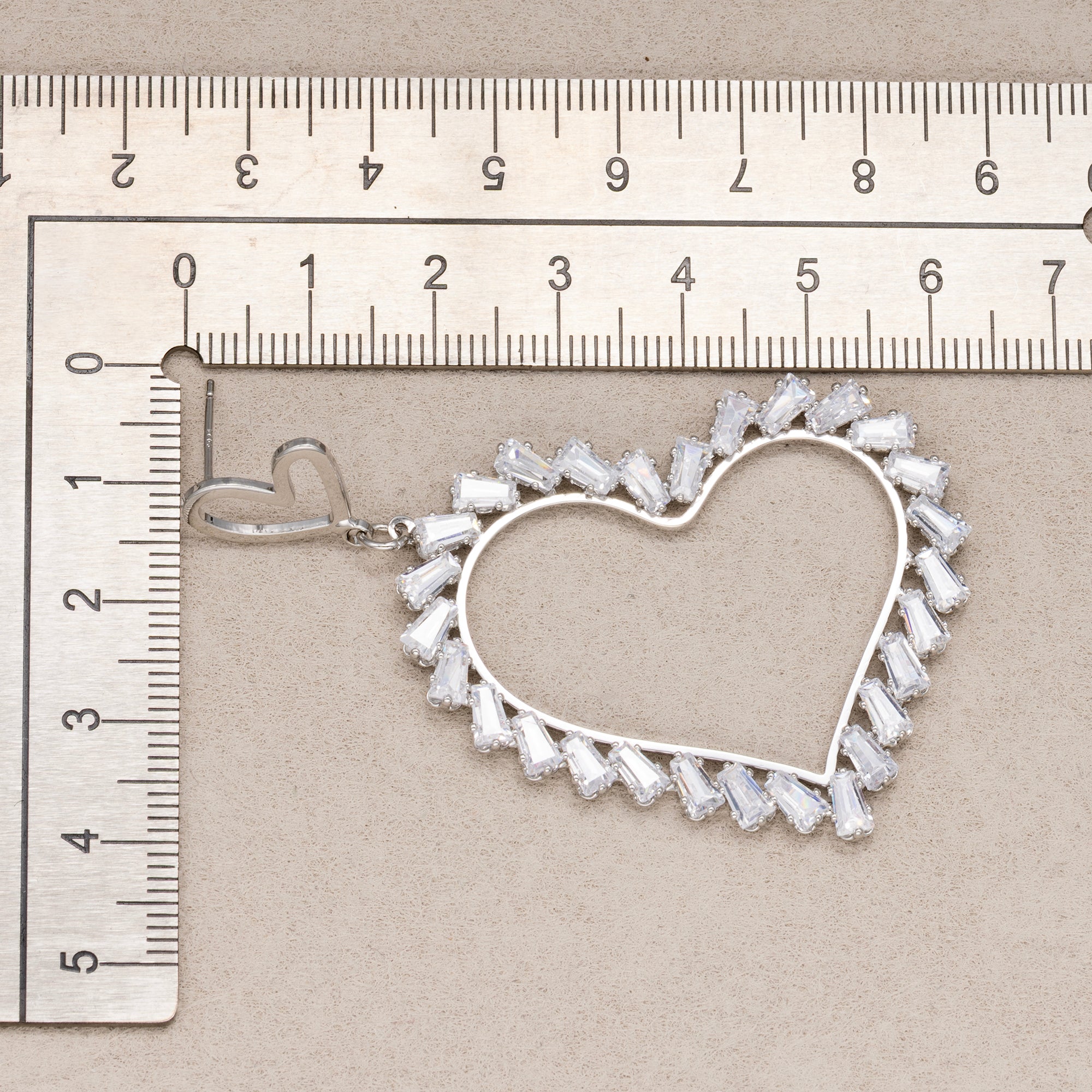 Rhodium Plated Micro Paved CZ Open Baguette Love Heart Stud Earrings