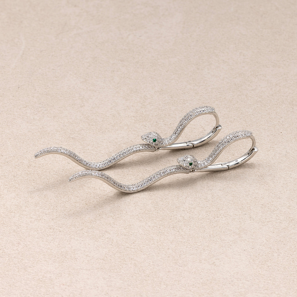 Rhodium Plated Micro Paved CZ Serpent Drop Hoop Earrings