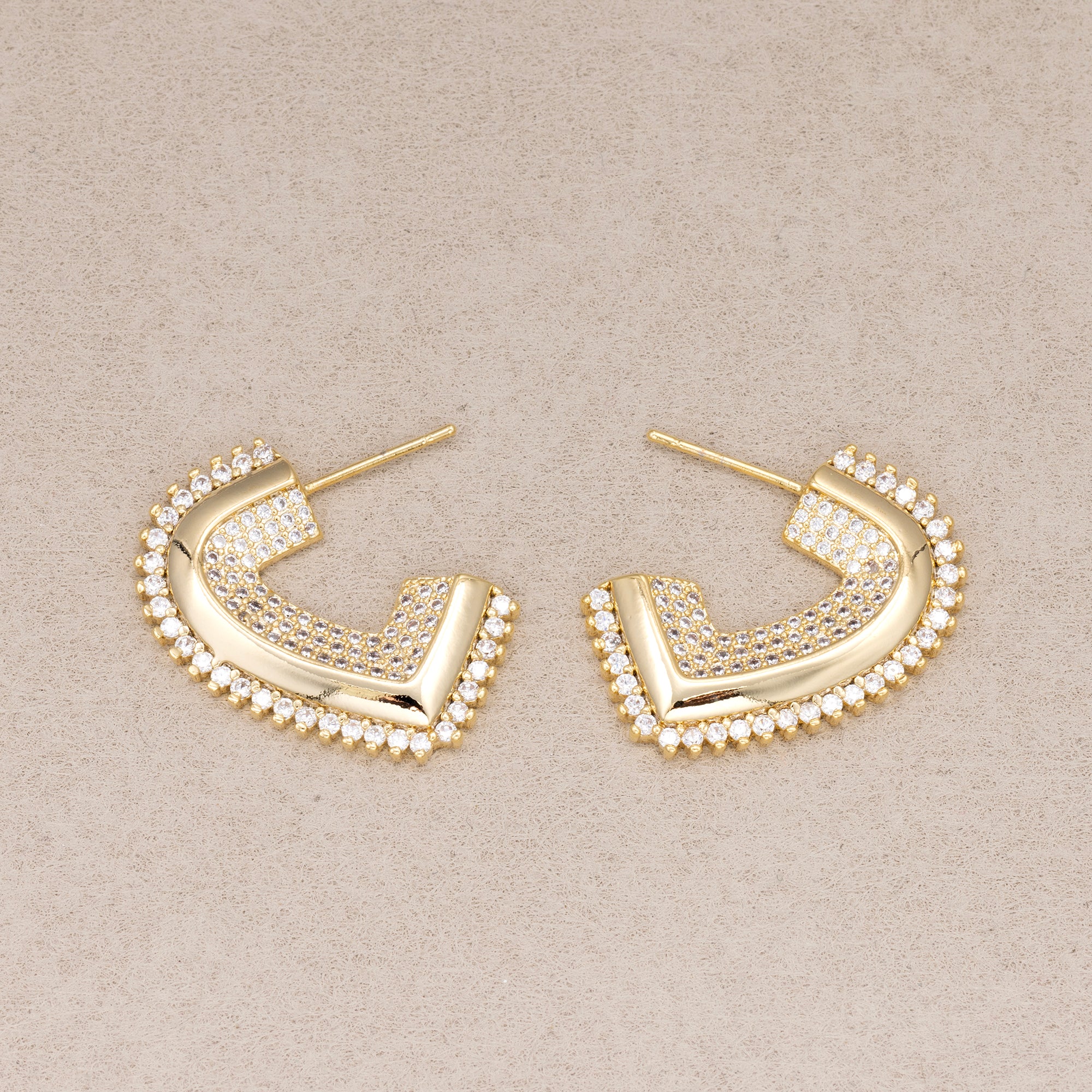24K Gold Plated Micro Paved CZ Half Heart Stud Earrings