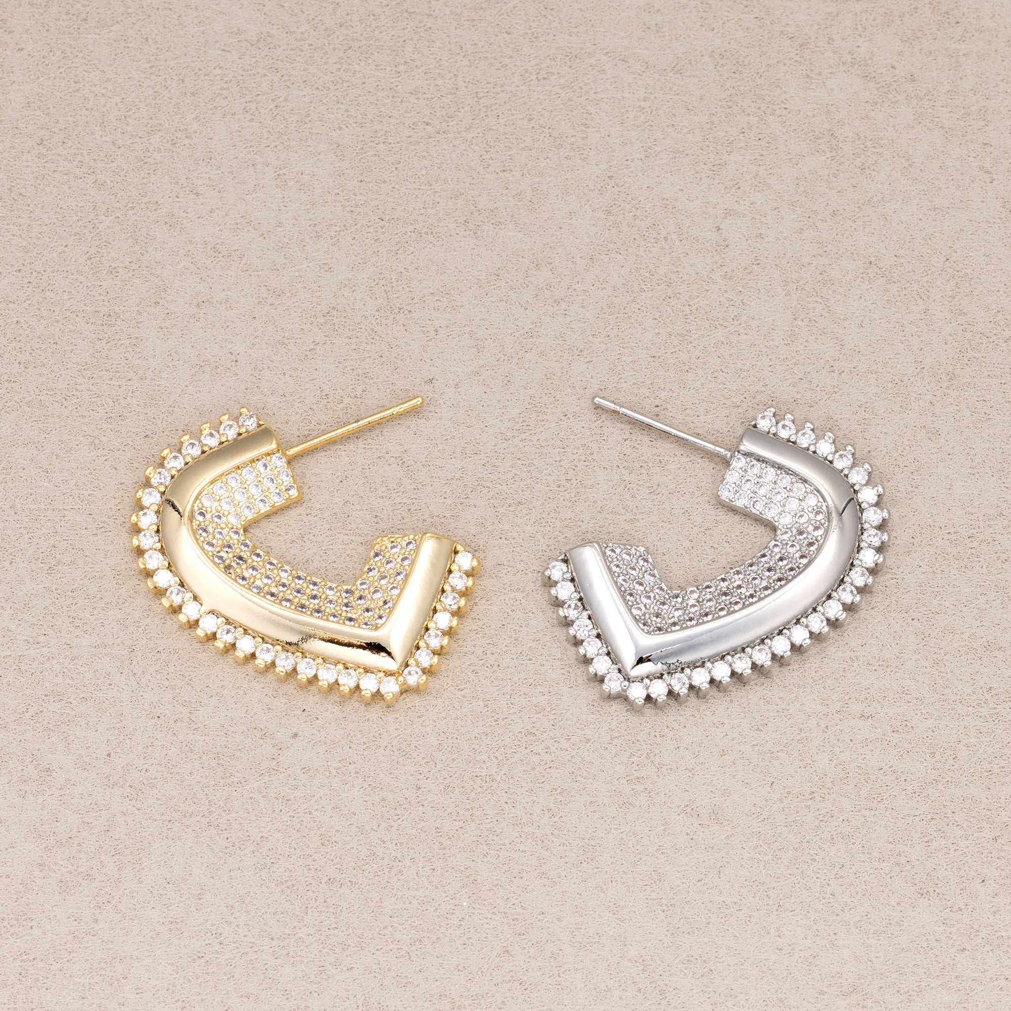 24K Gold Plated Micro Paved CZ Half Heart Stud Earrings
