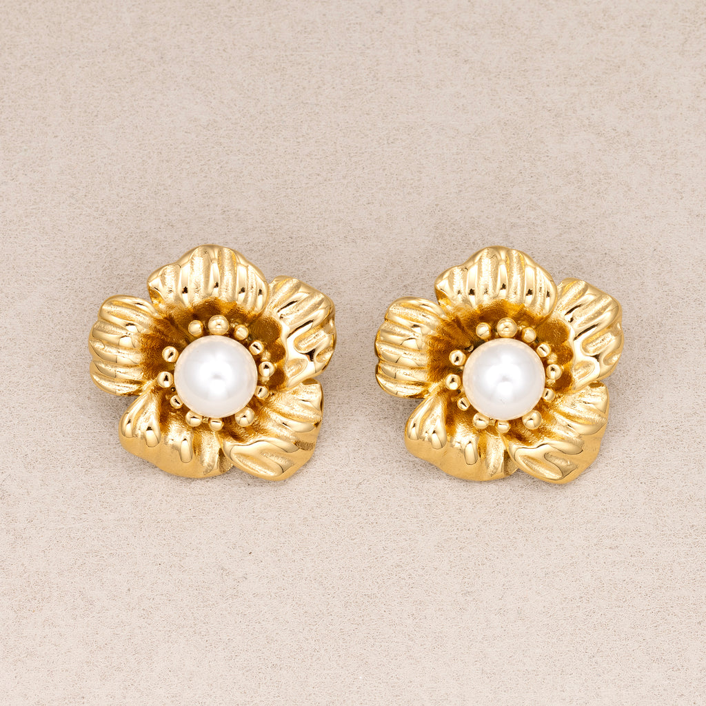 Gold PVD Stainless Steel Shell Pearl Mini Flower Stud Earrings