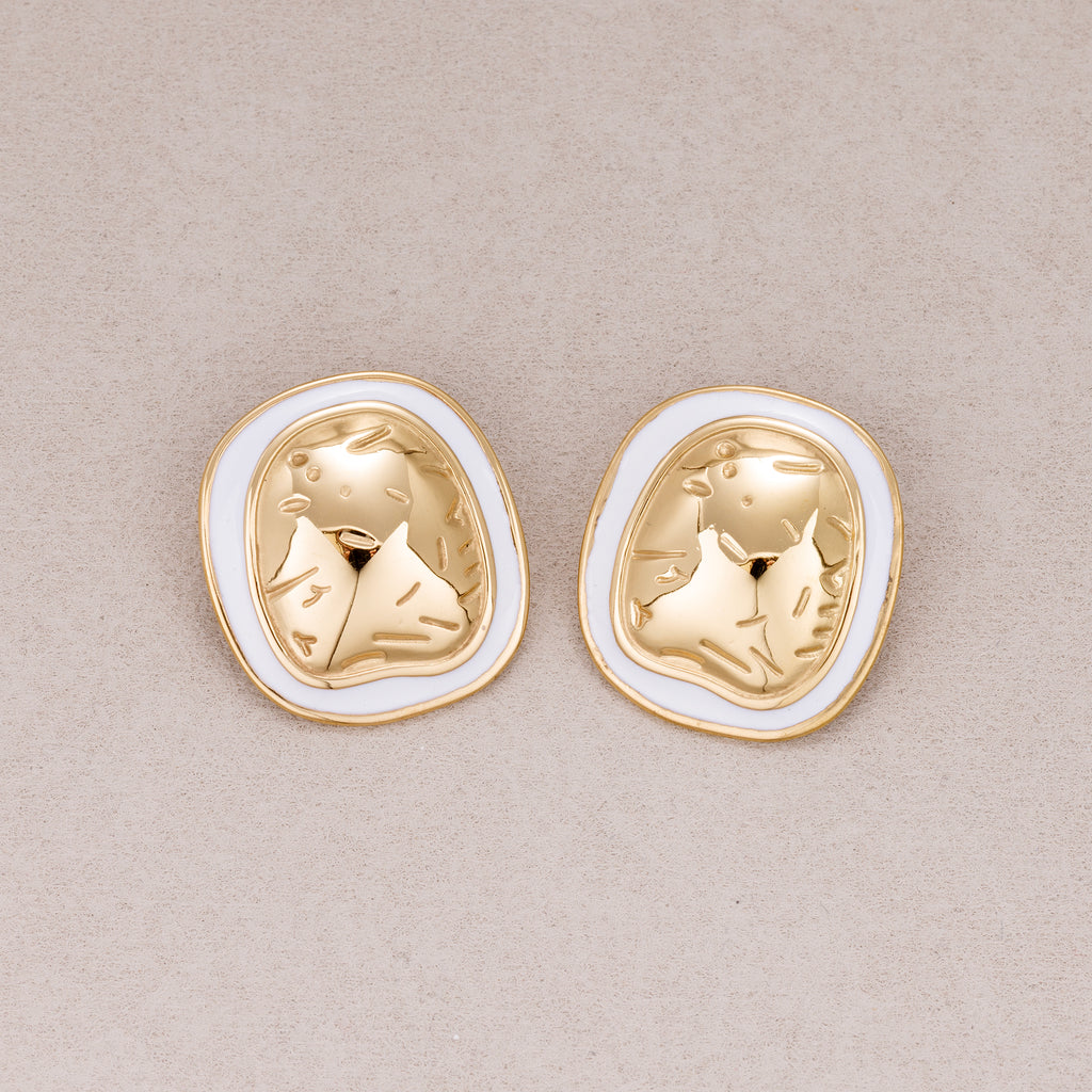 Gold PVD Stainless Steel Irregular Round Enamel Border Stud Earrings