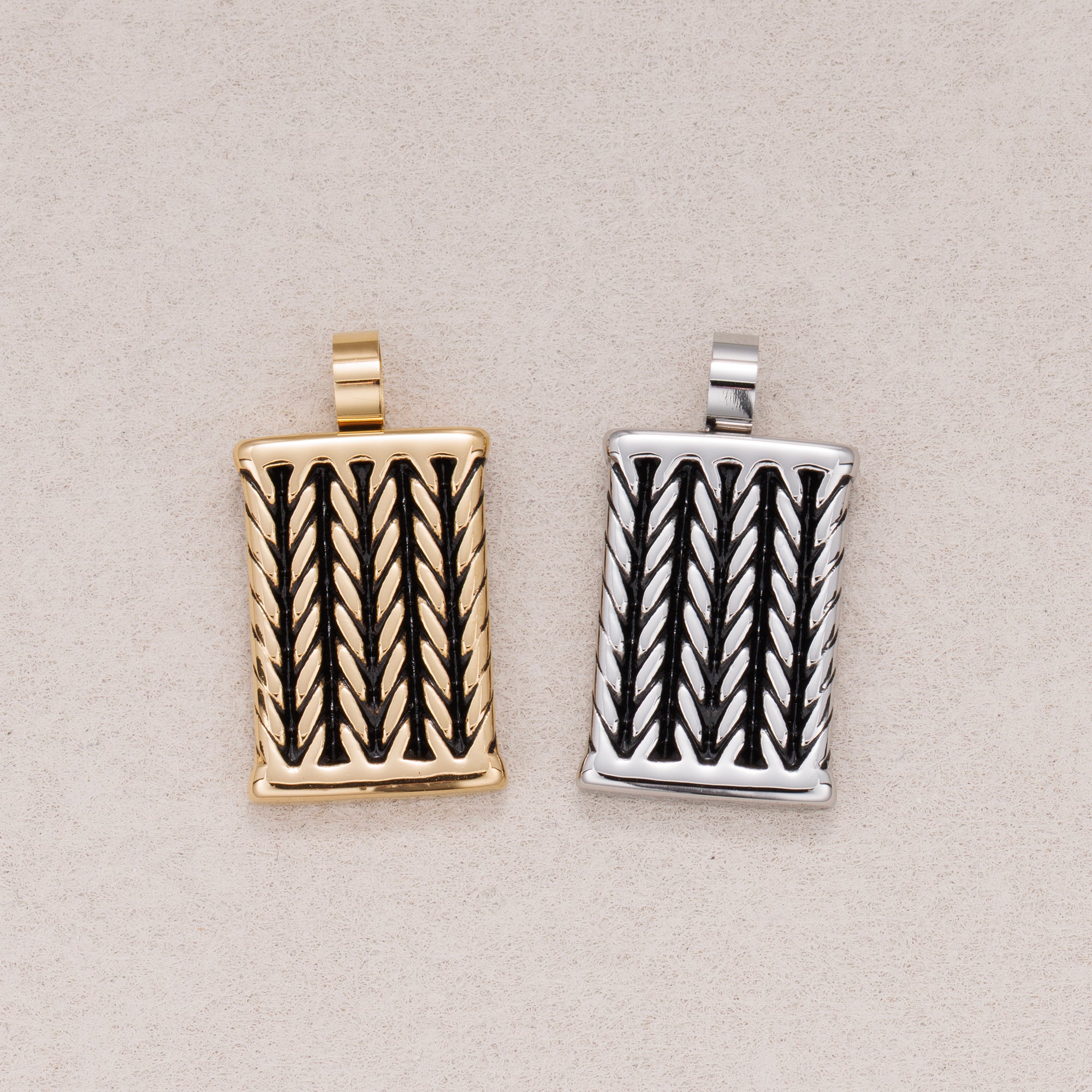 Gold PVD Stainless Steel Wheat Pattern Rectangular Tag Pendants