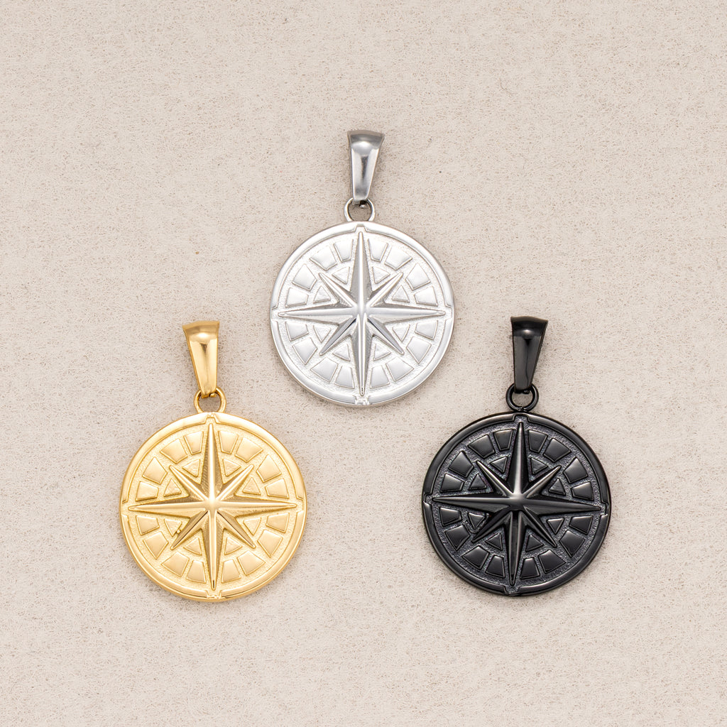 Gold PVD Stainless Steel Compass North Star Medallion Pendant