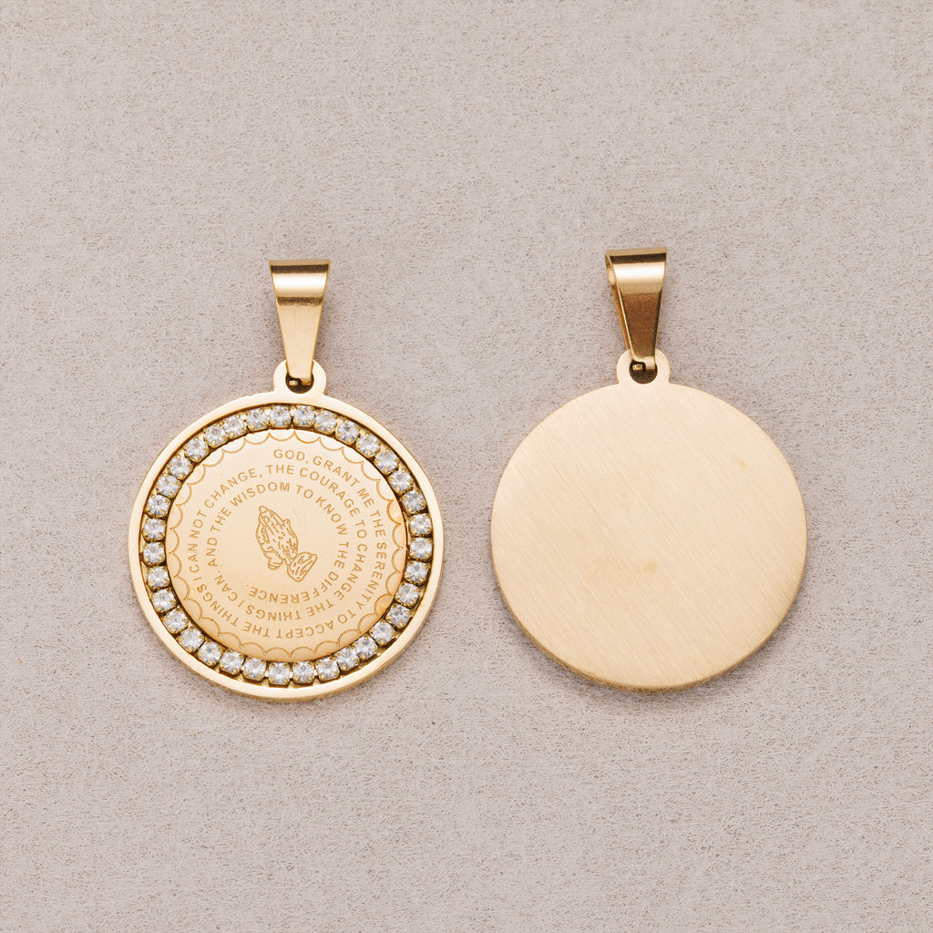 Gold PVD Stainless Steel Micro Paved CZ Religious Round Pendant Serenity Prayer Charm