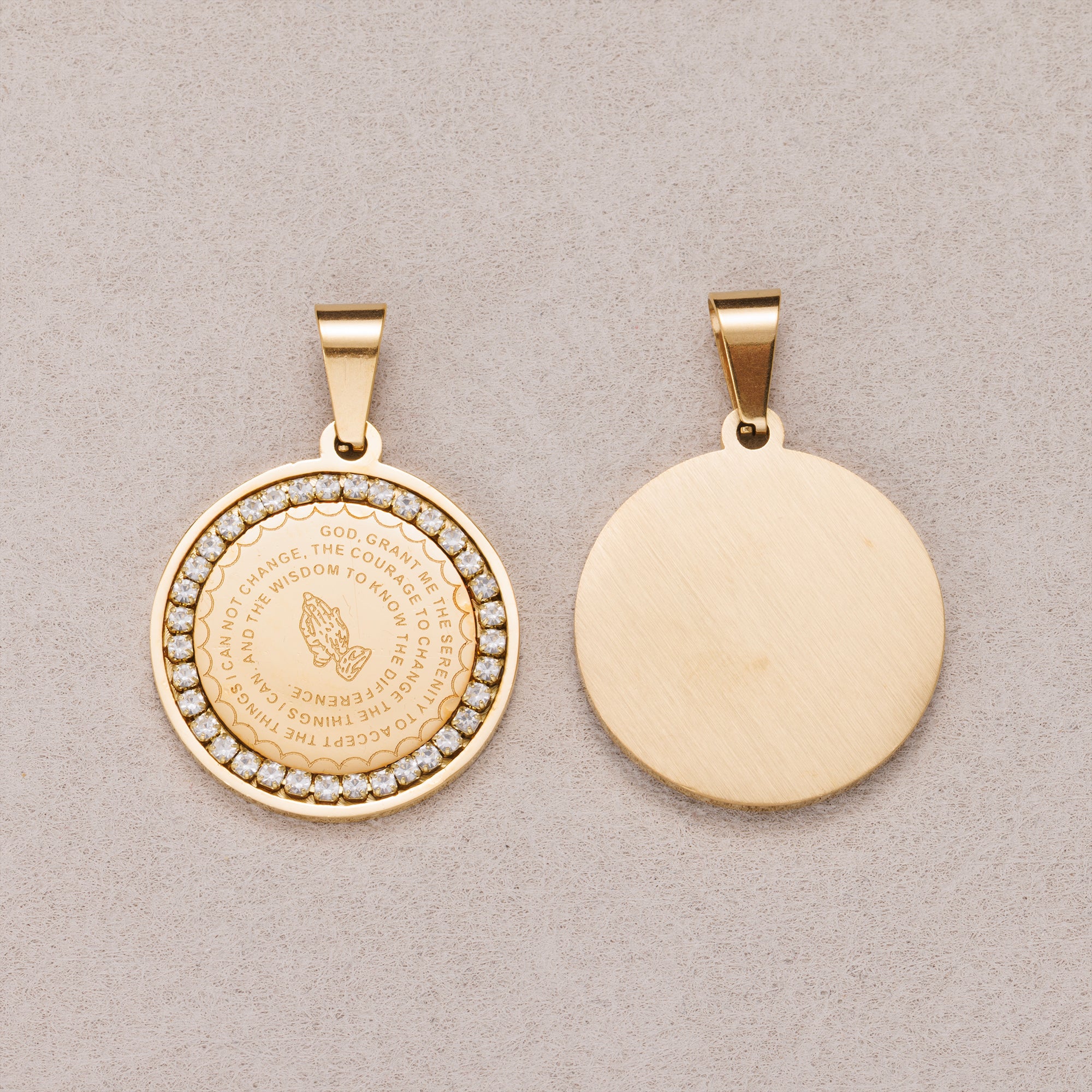 Gold PVD Stainless Steel Micro Paved CZ Religious Round Pendant Serenity Prayer Charm