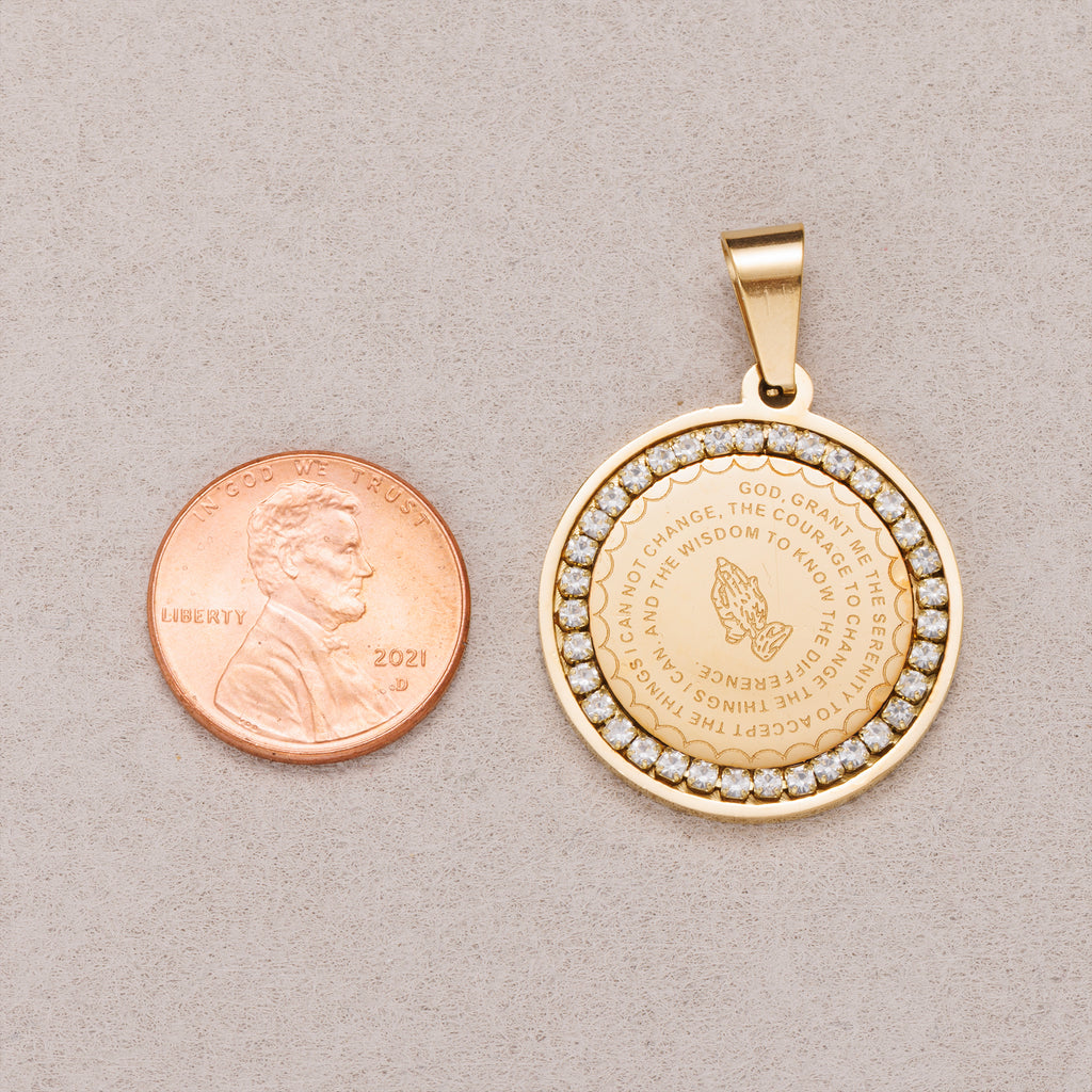 Gold PVD Stainless Steel Micro Paved CZ Religious Round Pendant Serenity Prayer Charm