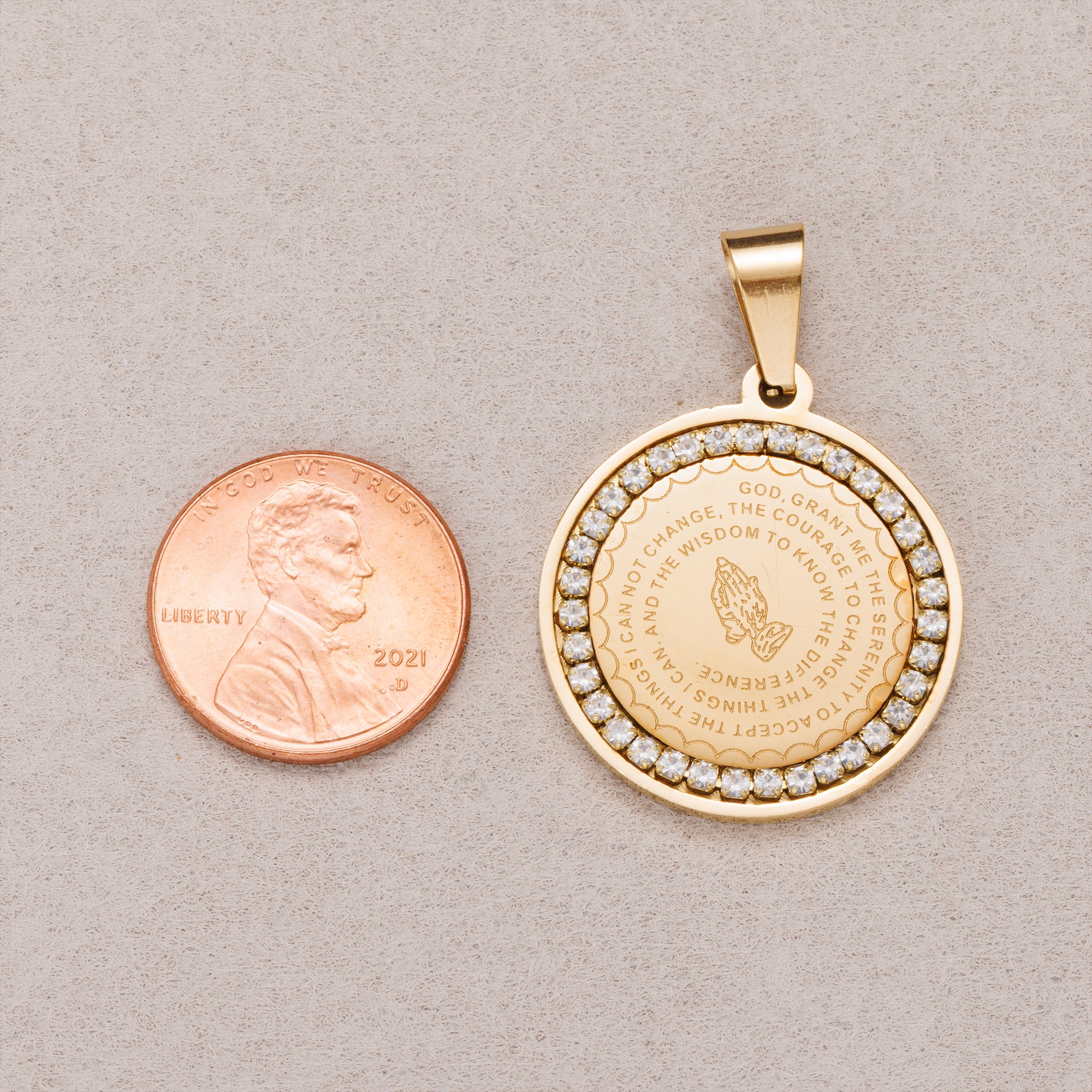 Gold PVD Stainless Steel Micro Paved CZ Religious Round Pendant Serenity Prayer Charm